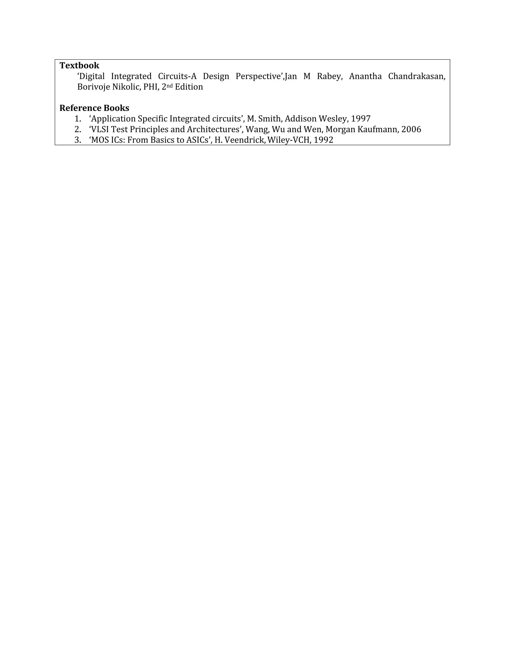 Textbook
‘Digital Integrated Circuits-A Design Perspective’,Jan M Rabey, Anantha Chandrakasan,
Borivoje Nikolic, PHI, 2nd Edition
Reference Books
1. ‘Application Specific Integrated circuits’, M. Smith, Addison Wesley, 1997
2. ‘VLSI Test Principles and Architectures’, Wang, Wu and Wen, Morgan Kaufmann, 2006
3. ‘MOS ICs: From Basics to ASICs’, H. Veendrick, Wiley-VCH, 1992
 