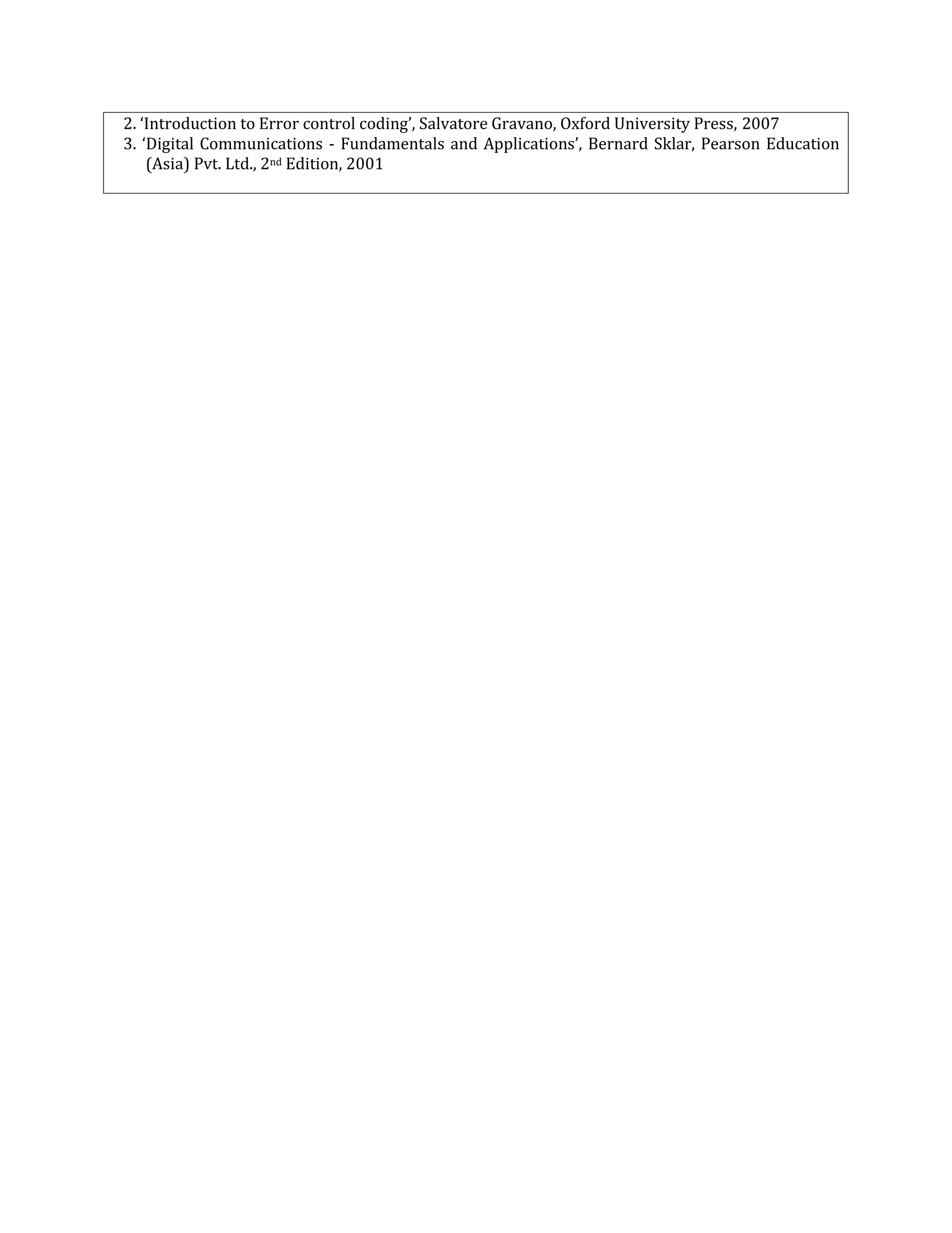 2. ‘Introduction to Error control coding’, Salvatore Gravano, Oxford University Press, 2007
3. ‘Digital Communications - Fundamentals and Applications’, Bernard Sklar, Pearson Education
(Asia) Pvt. Ltd., 2nd Edition, 2001
 