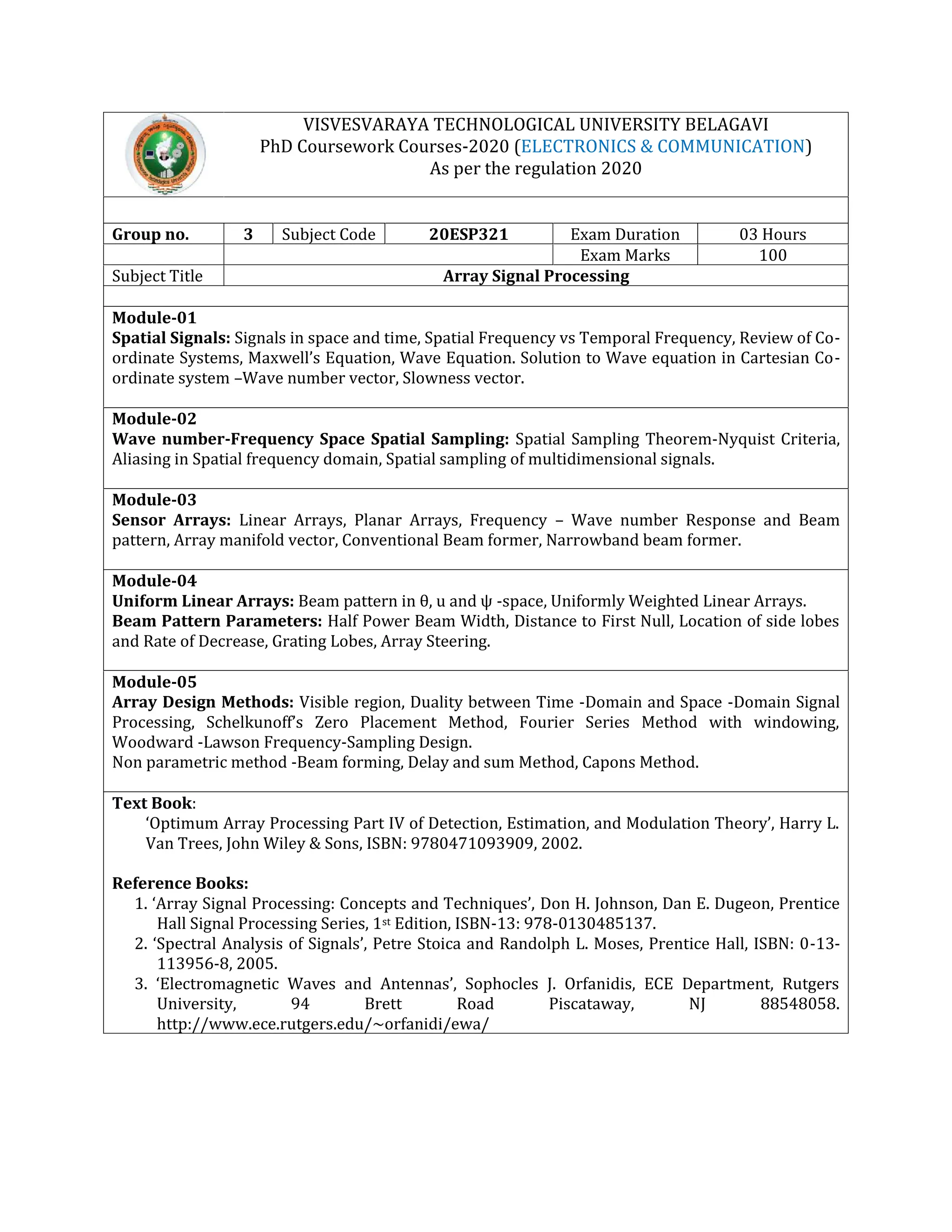 VISVESVARAYA TECHNOLOGICAL UNIVERSITY BELAGAVI
PhD Coursework Courses-2020 (ELECTRONICS & COMMUNICATION)
As per the regulation 2020
Group no. 3 Subject Code 20ESP321 Exam Duration 03 Hours
Exam Marks 100
Subject Title Array Signal Processing
Module-01
Spatial Signals: Signals in space and time, Spatial Frequency vs Temporal Frequency, Review of Co-
ordinate Systems, Maxwell’s Equation, Wave Equation. Solution to Wave equation in Cartesian Co-
ordinate system –Wave number vector, Slowness vector.
Module-02
Wave number-Frequency Space Spatial Sampling: Spatial Sampling Theorem-Nyquist Criteria,
Aliasing in Spatial frequency domain, Spatial sampling of multidimensional signals.
Module-03
Sensor Arrays: Linear Arrays, Planar Arrays, Frequency – Wave number Response and Beam
pattern, Array manifold vector, Conventional Beam former, Narrowband beam former.
Module-04
Uniform Linear Arrays: Beam pattern in θ, u and ψ -space, Uniformly Weighted Linear Arrays.
Beam Pattern Parameters: Half Power Beam Width, Distance to First Null, Location of side lobes
and Rate of Decrease, Grating Lobes, Array Steering.
Module-05
Array Design Methods: Visible region, Duality between Time -Domain and Space -Domain Signal
Processing, Schelkunoff’s Zero Placement Method, Fourier Series Method with windowing,
Woodward -Lawson Frequency-Sampling Design.
Non parametric method -Beam forming, Delay and sum Method, Capons Method.
Text Book:
‘Optimum Array Processing Part IV of Detection, Estimation, and Modulation Theory’, Harry L.
Van Trees, John Wiley & Sons, ISBN: 9780471093909, 2002.
Reference Books:
1. ‘Array Signal Processing: Concepts and Techniques’, Don H. Johnson, Dan E. Dugeon, Prentice
Hall Signal Processing Series, 1st Edition, ISBN-13: 978-0130485137.
2. ‘Spectral Analysis of Signals’, Petre Stoica and Randolph L. Moses, Prentice Hall, ISBN: 0-13-
113956-8, 2005.
3. ‘Electromagnetic Waves and Antennas’, Sophocles J. Orfanidis, ECE Department, Rutgers
University, 94 Brett Road Piscataway, NJ 88548058.
http://www.ece.rutgers.edu/~orfanidi/ewa/
 