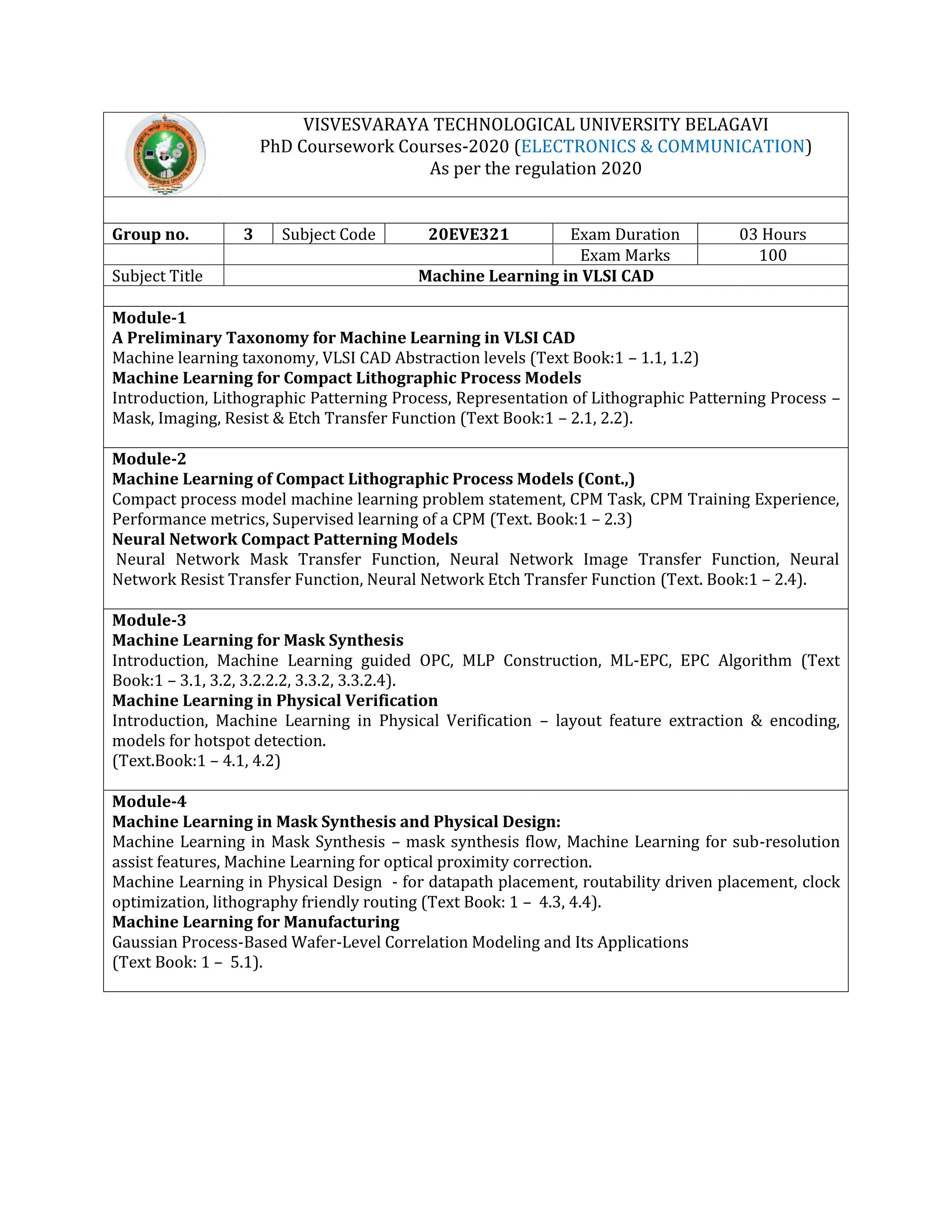 VISVESVARAYA TECHNOLOGICAL UNIVERSITY BELAGAVI
PhD Coursework Courses-2020 (ELECTRONICS & COMMUNICATION)
As per the regulation 2020
Group no. 3 Subject Code 20EVE321 Exam Duration 03 Hours
Exam Marks 100
Subject Title Machine Learning in VLSI CAD
Module-1
A Preliminary Taxonomy for Machine Learning in VLSI CAD
Machine learning taxonomy, VLSI CAD Abstraction levels (Text Book:1 – 1.1, 1.2)
Machine Learning for Compact Lithographic Process Models
Introduction, Lithographic Patterning Process, Representation of Lithographic Patterning Process –
Mask, Imaging, Resist & Etch Transfer Function (Text Book:1 – 2.1, 2.2).
Module-2
Machine Learning of Compact Lithographic Process Models (Cont.,)
Compact process model machine learning problem statement, CPM Task, CPM Training Experience,
Performance metrics, Supervised learning of a CPM (Text. Book:1 – 2.3)
Neural Network Compact Patterning Models
Neural Network Mask Transfer Function, Neural Network Image Transfer Function, Neural
Network Resist Transfer Function, Neural Network Etch Transfer Function (Text. Book:1 – 2.4).
Module-3
Machine Learning for Mask Synthesis
Introduction, Machine Learning guided OPC, MLP Construction, ML-EPC, EPC Algorithm (Text
Book:1 – 3.1, 3.2, 3.2.2.2, 3.3.2, 3.3.2.4).
Machine Learning in Physical Verification
Introduction, Machine Learning in Physical Verification – layout feature extraction & encoding,
models for hotspot detection.
(Text.Book:1 – 4.1, 4.2)
Module-4
Machine Learning in Mask Synthesis and Physical Design:
Machine Learning in Mask Synthesis – mask synthesis flow, Machine Learning for sub-resolution
assist features, Machine Learning for optical proximity correction.
Machine Learning in Physical Design - for datapath placement, routability driven placement, clock
optimization, lithography friendly routing (Text Book: 1 – 4.3, 4.4).
Machine Learning for Manufacturing
Gaussian Process-Based Wafer-Level Correlation Modeling and Its Applications
(Text Book: 1 – 5.1).
 