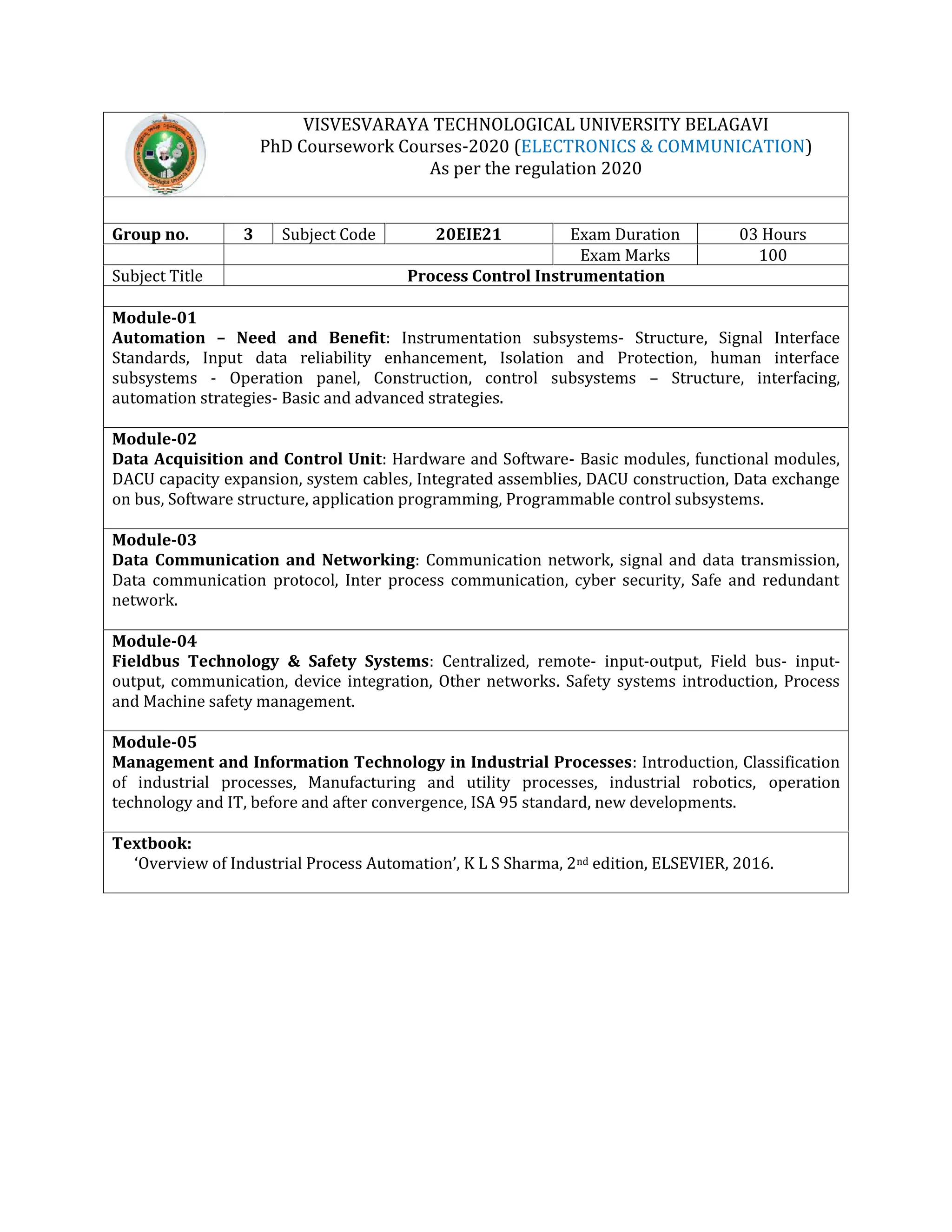 VISVESVARAYA TECHNOLOGICAL UNIVERSITY BELAGAVI
PhD Coursework Courses-2020 (ELECTRONICS & COMMUNICATION)
As per the regulation 2020
Group no. 3 Subject Code 20EIE21 Exam Duration 03 Hours
Exam Marks 100
Subject Title Process Control Instrumentation
Module-01
Automation – Need and Benefit: Instrumentation subsystems- Structure, Signal Interface
Standards, Input data reliability enhancement, Isolation and Protection, human interface
subsystems - Operation panel, Construction, control subsystems – Structure, interfacing,
automation strategies- Basic and advanced strategies.
Module-02
Data Acquisition and Control Unit: Hardware and Software- Basic modules, functional modules,
DACU capacity expansion, system cables, Integrated assemblies, DACU construction, Data exchange
on bus, Software structure, application programming, Programmable control subsystems.
Module-03
Data Communication and Networking: Communication network, signal and data transmission,
Data communication protocol, Inter process communication, cyber security, Safe and redundant
network.
Module-04
Fieldbus Technology & Safety Systems: Centralized, remote- input-output, Field bus- input-
output, communication, device integration, Other networks. Safety systems introduction, Process
and Machine safety management.
Module-05
Management and Information Technology in Industrial Processes: Introduction, Classification
of industrial processes, Manufacturing and utility processes, industrial robotics, operation
technology and IT, before and after convergence, ISA 95 standard, new developments.
Textbook:
‘Overview of Industrial Process Automation’, K L S Sharma, 2nd edition, ELSEVIER, 2016.
 