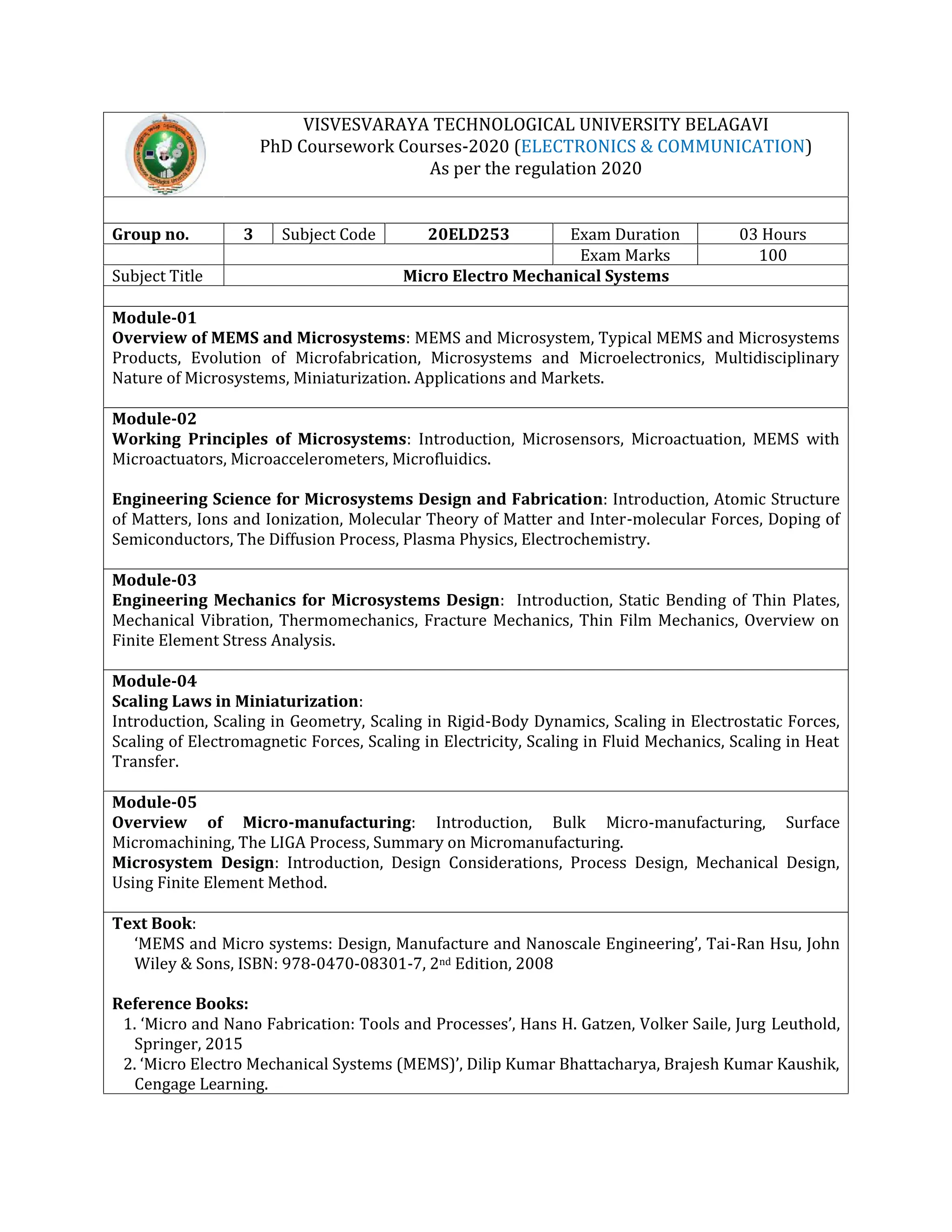 VISVESVARAYA TECHNOLOGICAL UNIVERSITY BELAGAVI
PhD Coursework Courses-2020 (ELECTRONICS & COMMUNICATION)
As per the regulation 2020
Group no. 3 Subject Code 20ELD253 Exam Duration 03 Hours
Exam Marks 100
Subject Title Micro Electro Mechanical Systems
Module-01
Overview of MEMS and Microsystems: MEMS and Microsystem, Typical MEMS and Microsystems
Products, Evolution of Microfabrication, Microsystems and Microelectronics, Multidisciplinary
Nature of Microsystems, Miniaturization. Applications and Markets.
Module-02
Working Principles of Microsystems: Introduction, Microsensors, Microactuation, MEMS with
Microactuators, Microaccelerometers, Microfluidics.
Engineering Science for Microsystems Design and Fabrication: Introduction, Atomic Structure
of Matters, Ions and Ionization, Molecular Theory of Matter and Inter-molecular Forces, Doping of
Semiconductors, The Diffusion Process, Plasma Physics, Electrochemistry.
Module-03
Engineering Mechanics for Microsystems Design: Introduction, Static Bending of Thin Plates,
Mechanical Vibration, Thermomechanics, Fracture Mechanics, Thin Film Mechanics, Overview on
Finite Element Stress Analysis.
Module-04
Scaling Laws in Miniaturization:
Introduction, Scaling in Geometry, Scaling in Rigid-Body Dynamics, Scaling in Electrostatic Forces,
Scaling of Electromagnetic Forces, Scaling in Electricity, Scaling in Fluid Mechanics, Scaling in Heat
Transfer.
Module-05
Overview of Micro-manufacturing: Introduction, Bulk Micro-manufacturing, Surface
Micromachining, The LIGA Process, Summary on Micromanufacturing.
Microsystem Design: Introduction, Design Considerations, Process Design, Mechanical Design,
Using Finite Element Method.
Text Book:
‘MEMS and Micro systems: Design, Manufacture and Nanoscale Engineering’, Tai-Ran Hsu, John
Wiley & Sons, ISBN: 978-0470-08301-7, 2nd Edition, 2008
Reference Books:
1. ‘Micro and Nano Fabrication: Tools and Processes’, Hans H. Gatzen, Volker Saile, Jurg Leuthold,
Springer, 2015
2. ‘Micro Electro Mechanical Systems (MEMS)’, Dilip Kumar Bhattacharya, Brajesh Kumar Kaushik,
Cengage Learning.
 