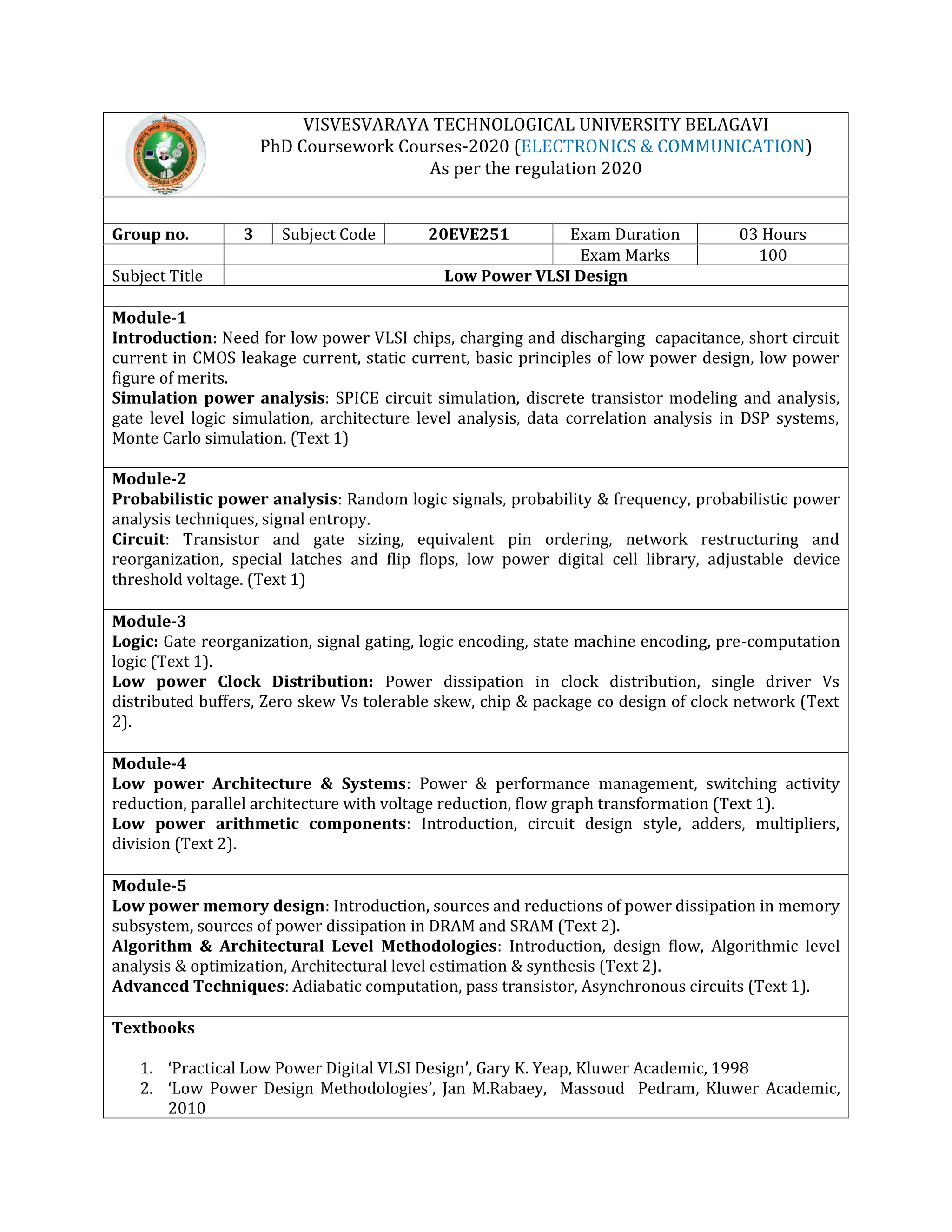 VISVESVARAYA TECHNOLOGICAL UNIVERSITY BELAGAVI
PhD Coursework Courses-2020 (ELECTRONICS & COMMUNICATION)
As per the regulation 2020
Group no. 3 Subject Code 20EVE251 Exam Duration 03 Hours
Exam Marks 100
Subject Title Low Power VLSI Design
Module-1
Introduction: Need for low power VLSI chips, charging and discharging capacitance, short circuit
current in CMOS leakage current, static current, basic principles of low power design, low power
figure of merits.
Simulation power analysis: SPICE circuit simulation, discrete transistor modeling and analysis,
gate level logic simulation, architecture level analysis, data correlation analysis in DSP systems,
Monte Carlo simulation. (Text 1)
Module-2
Probabilistic power analysis: Random logic signals, probability & frequency, probabilistic power
analysis techniques, signal entropy.
Circuit: Transistor and gate sizing, equivalent pin ordering, network restructuring and
reorganization, special latches and flip flops, low power digital cell library, adjustable device
threshold voltage. (Text 1)
Module-3
Logic: Gate reorganization, signal gating, logic encoding, state machine encoding, pre-computation
logic (Text 1).
Low power Clock Distribution: Power dissipation in clock distribution, single driver Vs
distributed buffers, Zero skew Vs tolerable skew, chip & package co design of clock network (Text
2).
Module-4
Low power Architecture & Systems: Power & performance management, switching activity
reduction, parallel architecture with voltage reduction, flow graph transformation (Text 1).
Low power arithmetic components: Introduction, circuit design style, adders, multipliers,
division (Text 2).
Module-5
Low power memory design: Introduction, sources and reductions of power dissipation in memory
subsystem, sources of power dissipation in DRAM and SRAM (Text 2).
Algorithm & Architectural Level Methodologies: Introduction, design flow, Algorithmic level
analysis & optimization, Architectural level estimation & synthesis (Text 2).
Advanced Techniques: Adiabatic computation, pass transistor, Asynchronous circuits (Text 1).
Textbooks
1. ‘Practical Low Power Digital VLSI Design’, Gary K. Yeap, Kluwer Academic, 1998
2. ‘Low Power Design Methodologies’, Jan M.Rabaey, Massoud Pedram, Kluwer Academic,
2010
 