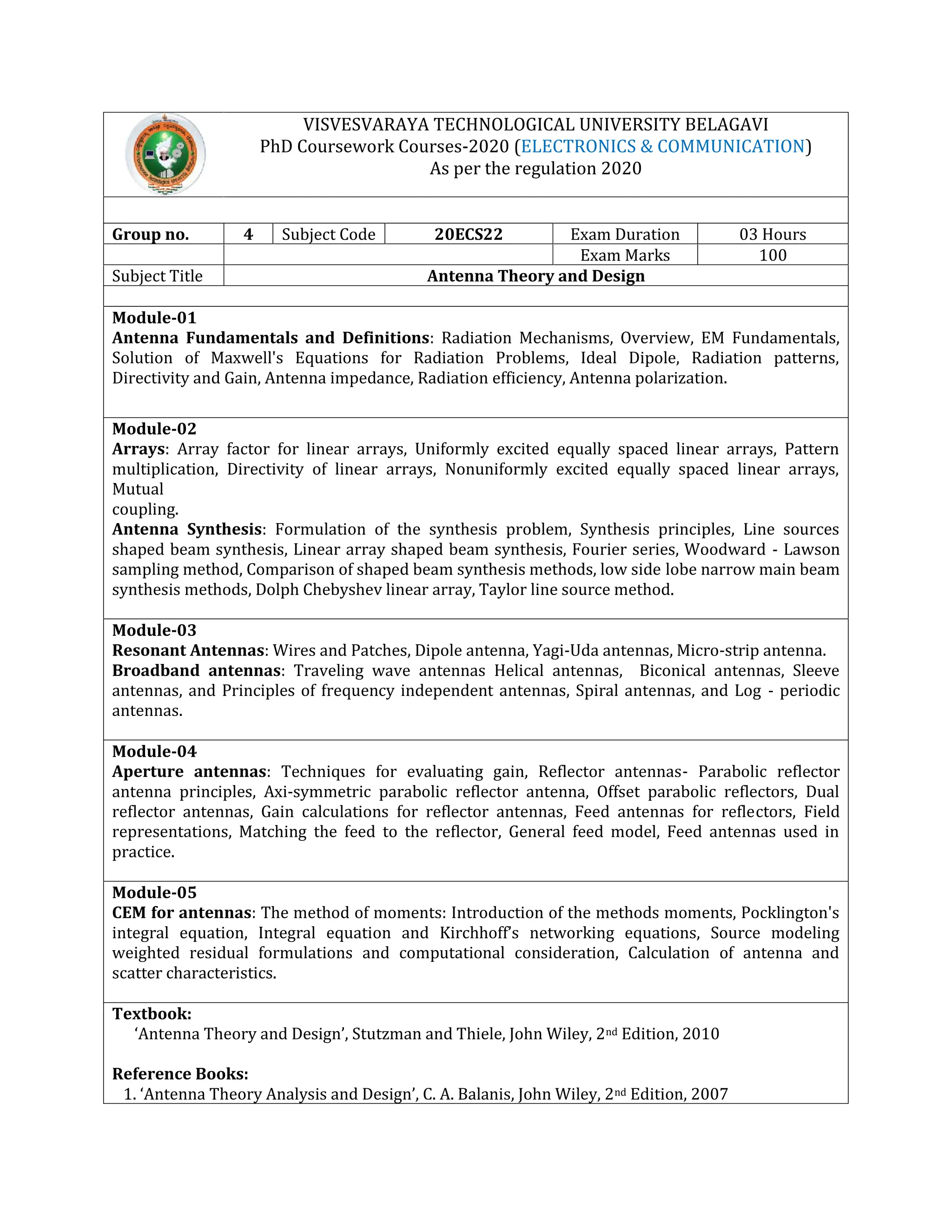 VISVESVARAYA TECHNOLOGICAL UNIVERSITY BELAGAVI
PhD Coursework Courses-2020 (ELECTRONICS & COMMUNICATION)
As per the regulation 2020
Group no. 4 Subject Code 20ECS22 Exam Duration 03 Hours
Exam Marks 100
Subject Title Antenna Theory and Design
Module-01
Antenna Fundamentals and Definitions: Radiation Mechanisms, Overview, EM Fundamentals,
Solution of Maxwell's Equations for Radiation Problems, Ideal Dipole, Radiation patterns,
Directivity and Gain, Antenna impedance, Radiation efficiency, Antenna polarization.
Module-02
Arrays: Array factor for linear arrays, Uniformly excited equally spaced linear arrays, Pattern
multiplication, Directivity of linear arrays, Nonuniformly excited equally spaced linear arrays,
Mutual
coupling.
Antenna Synthesis: Formulation of the synthesis problem, Synthesis principles, Line sources
shaped beam synthesis, Linear array shaped beam synthesis, Fourier series, Woodward - Lawson
sampling method, Comparison of shaped beam synthesis methods, low side lobe narrow main beam
synthesis methods, Dolph Chebyshev linear array, Taylor line source method.
Module-03
Resonant Antennas: Wires and Patches, Dipole antenna, Yagi-Uda antennas, Micro-strip antenna.
Broadband antennas: Traveling wave antennas Helical antennas, Biconical antennas, Sleeve
antennas, and Principles of frequency independent antennas, Spiral antennas, and Log - periodic
antennas.
Module-04
Aperture antennas: Techniques for evaluating gain, Reflector antennas- Parabolic reflector
antenna principles, Axi-symmetric parabolic reflector antenna, Offset parabolic reflectors, Dual
reflector antennas, Gain calculations for reflector antennas, Feed antennas for reflectors, Field
representations, Matching the feed to the reflector, General feed model, Feed antennas used in
practice.
Module-05
CEM for antennas: The method of moments: Introduction of the methods moments, Pocklington's
integral equation, Integral equation and Kirchhoff’s networking equations, Source modeling
weighted residual formulations and computational consideration, Calculation of antenna and
scatter characteristics.
Textbook:
‘Antenna Theory and Design’, Stutzman and Thiele, John Wiley, 2nd Edition, 2010
Reference Books:
1. ‘Antenna Theory Analysis and Design’, C. A. Balanis, John Wiley, 2nd Edition, 2007
 
