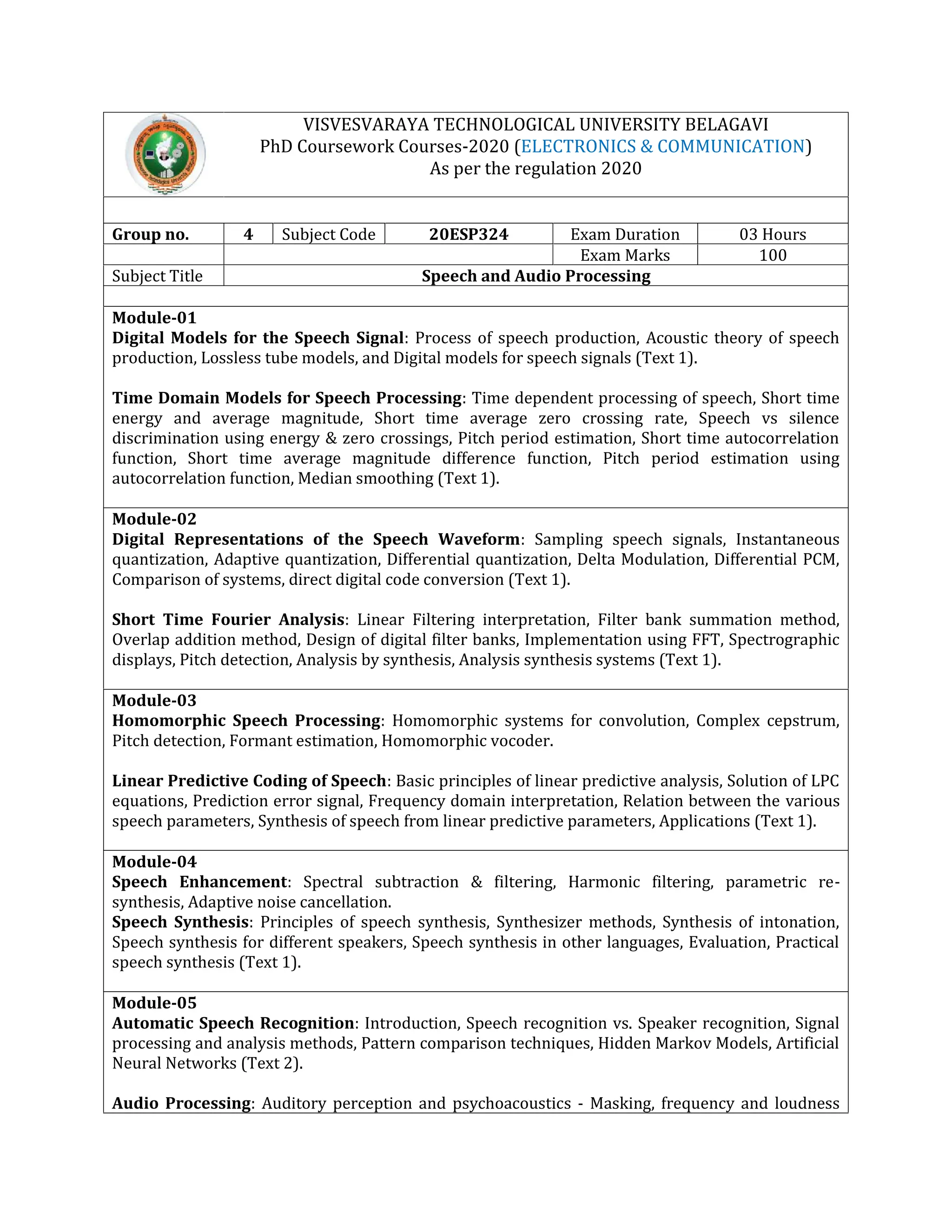 VISVESVARAYA TECHNOLOGICAL UNIVERSITY BELAGAVI
PhD Coursework Courses-2020 (ELECTRONICS & COMMUNICATION)
As per the regulation 2020
Group no. 4 Subject Code 20ESP324 Exam Duration 03 Hours
Exam Marks 100
Subject Title Speech and Audio Processing
Module-01
Digital Models for the Speech Signal: Process of speech production, Acoustic theory of speech
production, Lossless tube models, and Digital models for speech signals (Text 1).
Time Domain Models for Speech Processing: Time dependent processing of speech, Short time
energy and average magnitude, Short time average zero crossing rate, Speech vs silence
discrimination using energy & zero crossings, Pitch period estimation, Short time autocorrelation
function, Short time average magnitude difference function, Pitch period estimation using
autocorrelation function, Median smoothing (Text 1).
Module-02
Digital Representations of the Speech Waveform: Sampling speech signals, Instantaneous
quantization, Adaptive quantization, Differential quantization, Delta Modulation, Differential PCM,
Comparison of systems, direct digital code conversion (Text 1).
Short Time Fourier Analysis: Linear Filtering interpretation, Filter bank summation method,
Overlap addition method, Design of digital filter banks, Implementation using FFT, Spectrographic
displays, Pitch detection, Analysis by synthesis, Analysis synthesis systems (Text 1).
Module-03
Homomorphic Speech Processing: Homomorphic systems for convolution, Complex cepstrum,
Pitch detection, Formant estimation, Homomorphic vocoder.
Linear Predictive Coding of Speech: Basic principles of linear predictive analysis, Solution of LPC
equations, Prediction error signal, Frequency domain interpretation, Relation between the various
speech parameters, Synthesis of speech from linear predictive parameters, Applications (Text 1).
Module-04
Speech Enhancement: Spectral subtraction & filtering, Harmonic filtering, parametric re-
synthesis, Adaptive noise cancellation.
Speech Synthesis: Principles of speech synthesis, Synthesizer methods, Synthesis of intonation,
Speech synthesis for different speakers, Speech synthesis in other languages, Evaluation, Practical
speech synthesis (Text 1).
Module-05
Automatic Speech Recognition: Introduction, Speech recognition vs. Speaker recognition, Signal
processing and analysis methods, Pattern comparison techniques, Hidden Markov Models, Artificial
Neural Networks (Text 2).
Audio Processing: Auditory perception and psychoacoustics - Masking, frequency and loudness
 
