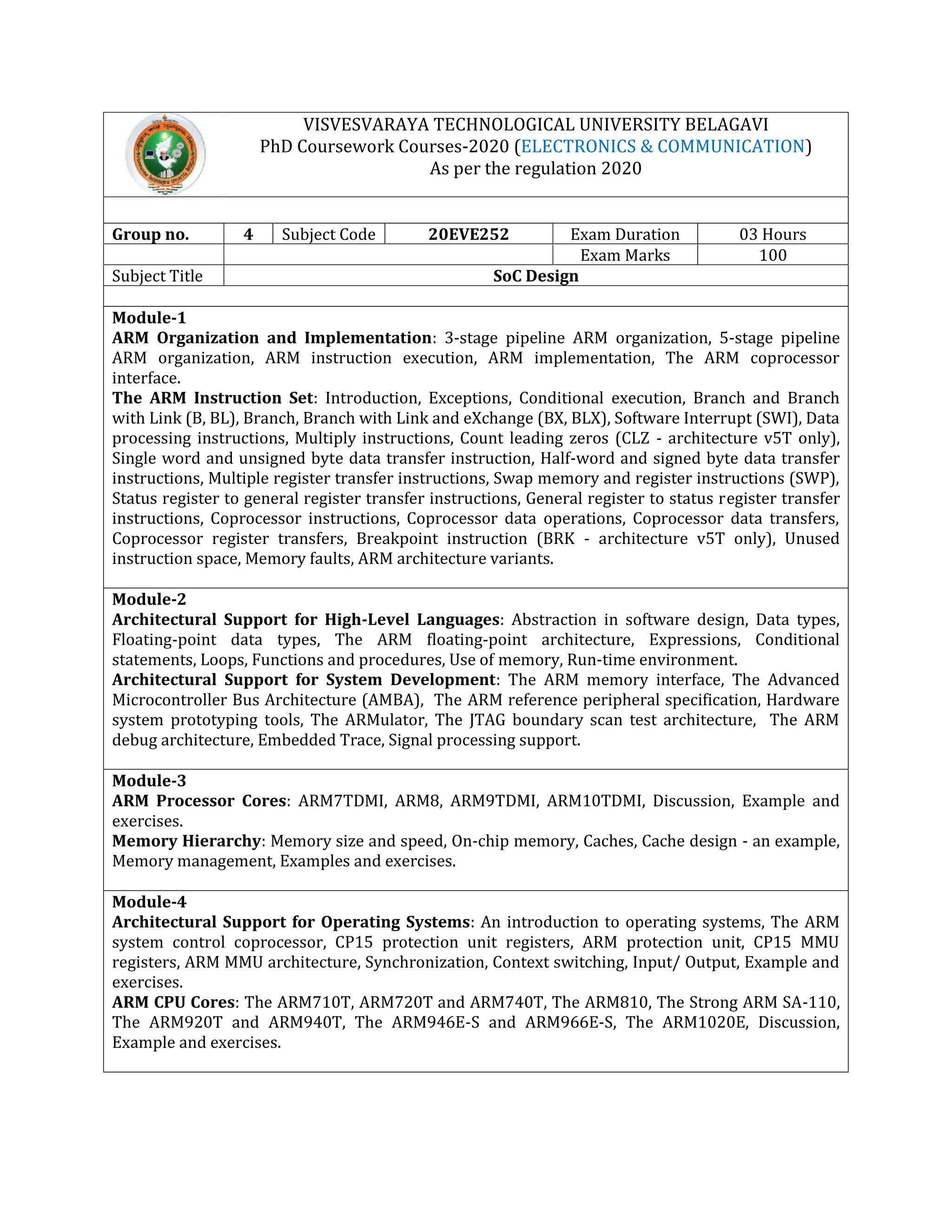 VISVESVARAYA TECHNOLOGICAL UNIVERSITY BELAGAVI
PhD Coursework Courses-2020 (ELECTRONICS & COMMUNICATION)
As per the regulation 2020
Group no. 4 Subject Code 20EVE252 Exam Duration 03 Hours
Exam Marks 100
Subject Title SoC Design
Module-1
ARM Organization and Implementation: 3-stage pipeline ARM organization, 5-stage pipeline
ARM organization, ARM instruction execution, ARM implementation, The ARM coprocessor
interface.
The ARM Instruction Set: Introduction, Exceptions, Conditional execution, Branch and Branch
with Link (B, BL), Branch, Branch with Link and eXchange (BX, BLX), Software Interrupt (SWI), Data
processing instructions, Multiply instructions, Count leading zeros (CLZ - architecture v5T only),
Single word and unsigned byte data transfer instruction, Half-word and signed byte data transfer
instructions, Multiple register transfer instructions, Swap memory and register instructions (SWP),
Status register to general register transfer instructions, General register to status register transfer
instructions, Coprocessor instructions, Coprocessor data operations, Coprocessor data transfers,
Coprocessor register transfers, Breakpoint instruction (BRK - architecture v5T only), Unused
instruction space, Memory faults, ARM architecture variants.
Module-2
Architectural Support for High-Level Languages: Abstraction in software design, Data types,
Floating-point data types, The ARM floating-point architecture, Expressions, Conditional
statements, Loops, Functions and procedures, Use of memory, Run-time environment.
Architectural Support for System Development: The ARM memory interface, The Advanced
Microcontroller Bus Architecture (AMBA), The ARM reference peripheral specification, Hardware
system prototyping tools, The ARMulator, The JTAG boundary scan test architecture, The ARM
debug architecture, Embedded Trace, Signal processing support.
Module-3
ARM Processor Cores: ARM7TDMI, ARM8, ARM9TDMI, ARM10TDMI, Discussion, Example and
exercises.
Memory Hierarchy: Memory size and speed, On-chip memory, Caches, Cache design - an example,
Memory management, Examples and exercises.
Module-4
Architectural Support for Operating Systems: An introduction to operating systems, The ARM
system control coprocessor, CP15 protection unit registers, ARM protection unit, CP15 MMU
registers, ARM MMU architecture, Synchronization, Context switching, Input/ Output, Example and
exercises.
ARM CPU Cores: The ARM710T, ARM720T and ARM740T, The ARM810, The Strong ARM SA-110,
The ARM920T and ARM940T, The ARM946E-S and ARM966E-S, The ARM1020E, Discussion,
Example and exercises.
 