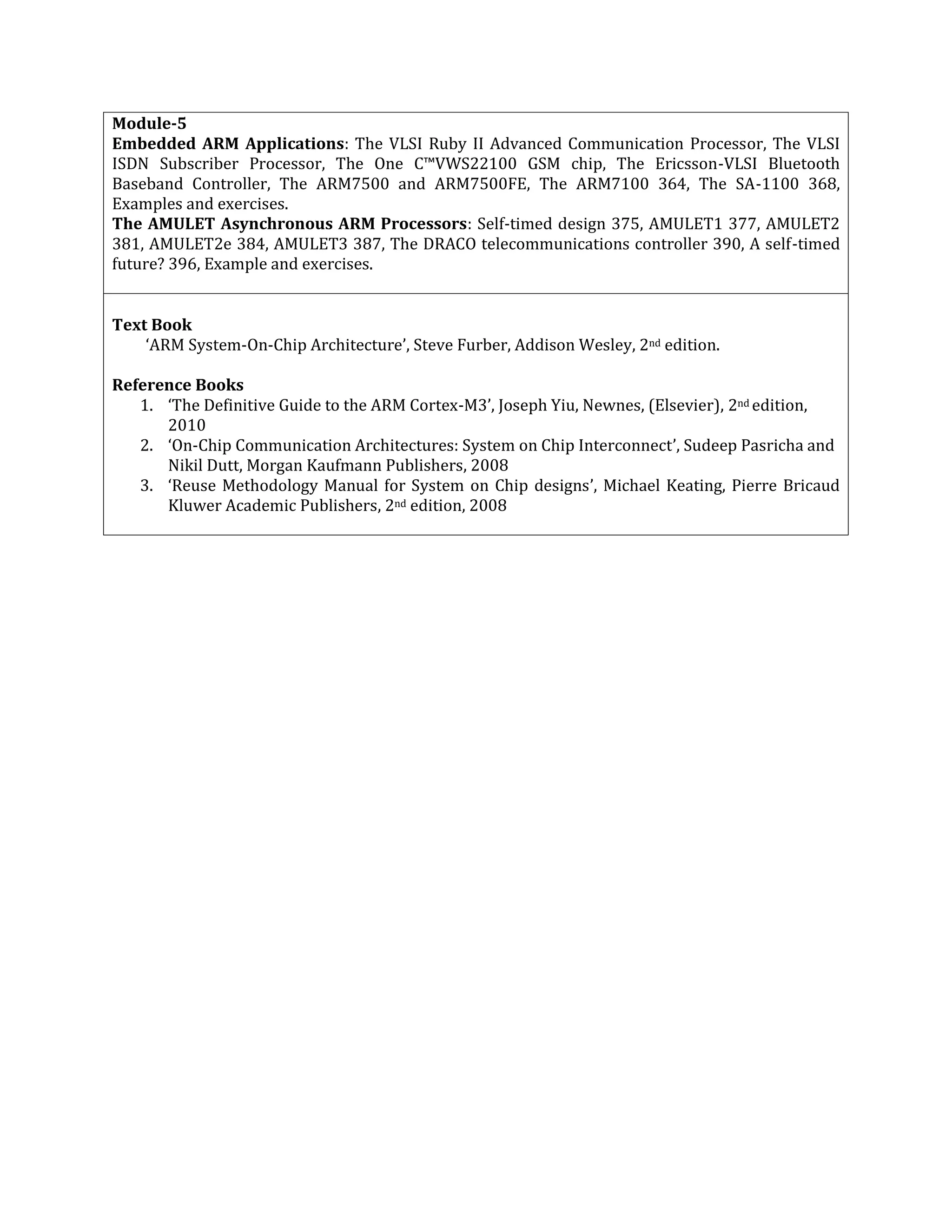 Module-5
Embedded ARM Applications: The VLSI Ruby II Advanced Communication Processor, The VLSI
ISDN Subscriber Processor, The One C™VWS22100 GSM chip, The Ericsson-VLSI Bluetooth
Baseband Controller, The ARM7500 and ARM7500FE, The ARM7100 364, The SA-1100 368,
Examples and exercises.
The AMULET Asynchronous ARM Processors: Self-timed design 375, AMULET1 377, AMULET2
381, AMULET2e 384, AMULET3 387, The DRACO telecommunications controller 390, A self-timed
future? 396, Example and exercises.
Text Book
‘ARM System-On-Chip Architecture’, Steve Furber, Addison Wesley, 2nd edition.
Reference Books
1. ‘The Definitive Guide to the ARM Cortex-M3’, Joseph Yiu, Newnes, (Elsevier), 2nd edition,
2010
2. ‘On-Chip Communication Architectures: System on Chip Interconnect’, Sudeep Pasricha and
Nikil Dutt, Morgan Kaufmann Publishers, 2008
3. ‘Reuse Methodology Manual for System on Chip designs’, Michael Keating, Pierre Bricaud
Kluwer Academic Publishers, 2nd edition, 2008
 