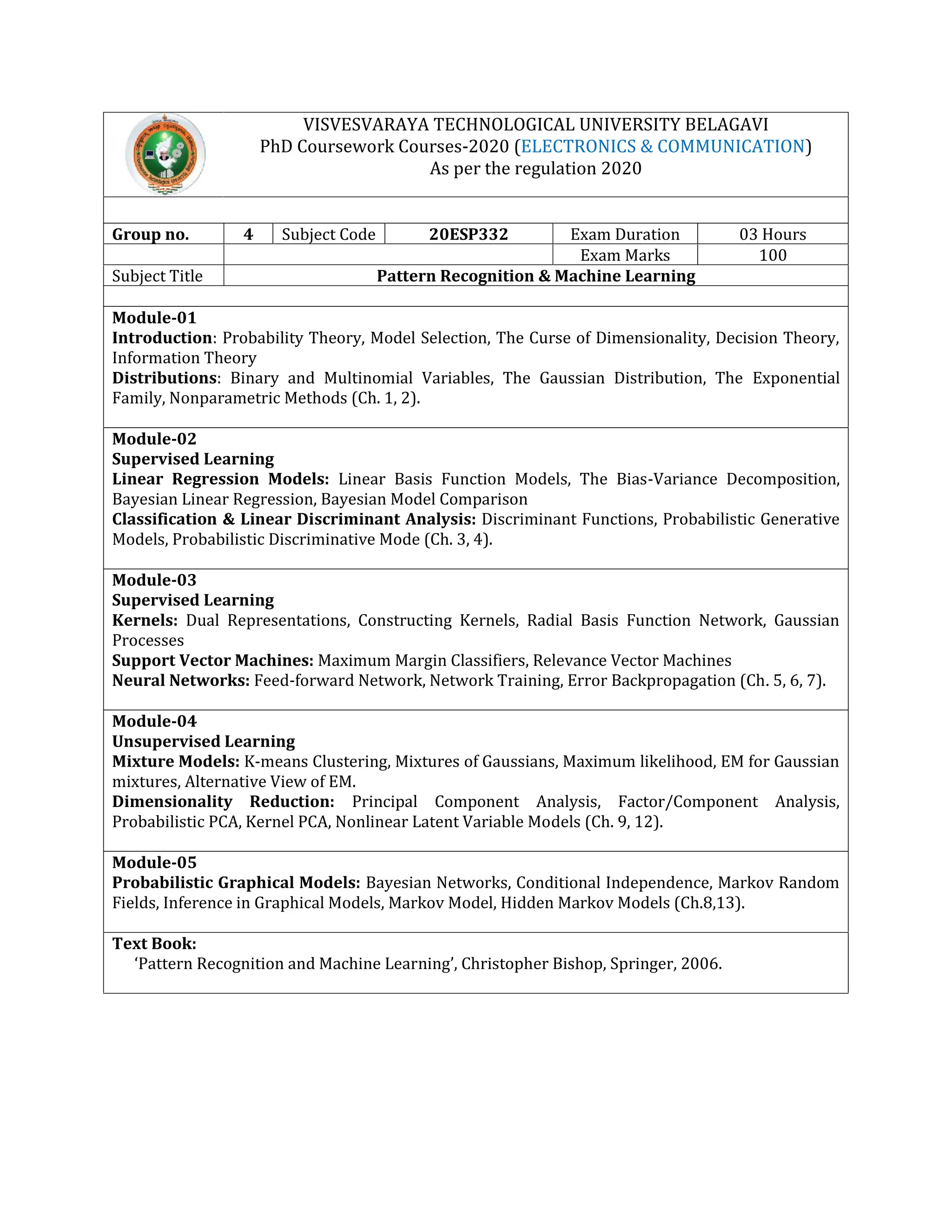 VISVESVARAYA TECHNOLOGICAL UNIVERSITY BELAGAVI
PhD Coursework Courses-2020 (ELECTRONICS & COMMUNICATION)
As per the regulation 2020
Group no. 4 Subject Code 20ESP332 Exam Duration 03 Hours
Exam Marks 100
Subject Title Pattern Recognition & Machine Learning
Module-01
Introduction: Probability Theory, Model Selection, The Curse of Dimensionality, Decision Theory,
Information Theory
Distributions: Binary and Multinomial Variables, The Gaussian Distribution, The Exponential
Family, Nonparametric Methods (Ch. 1, 2).
Module-02
Supervised Learning
Linear Regression Models: Linear Basis Function Models, The Bias-Variance Decomposition,
Bayesian Linear Regression, Bayesian Model Comparison
Classification & Linear Discriminant Analysis: Discriminant Functions, Probabilistic Generative
Models, Probabilistic Discriminative Mode (Ch. 3, 4).
Module-03
Supervised Learning
Kernels: Dual Representations, Constructing Kernels, Radial Basis Function Network, Gaussian
Processes
Support Vector Machines: Maximum Margin Classifiers, Relevance Vector Machines
Neural Networks: Feed-forward Network, Network Training, Error Backpropagation (Ch. 5, 6, 7).
Module-04
Unsupervised Learning
Mixture Models: K-means Clustering, Mixtures of Gaussians, Maximum likelihood, EM for Gaussian
mixtures, Alternative View of EM.
Dimensionality Reduction: Principal Component Analysis, Factor/Component Analysis,
Probabilistic PCA, Kernel PCA, Nonlinear Latent Variable Models (Ch. 9, 12).
Module-05
Probabilistic Graphical Models: Bayesian Networks, Conditional Independence, Markov Random
Fields, Inference in Graphical Models, Markov Model, Hidden Markov Models (Ch.8,13).
Text Book:
‘Pattern Recognition and Machine Learning’, Christopher Bishop, Springer, 2006.
 