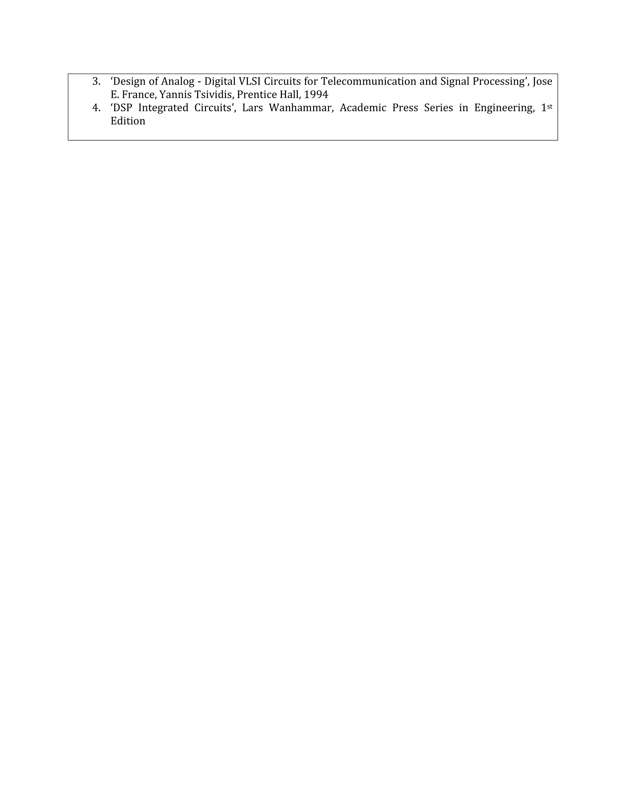 3. ‘Design of Analog - Digital VLSI Circuits for Telecommunication and Signal Processing’, Jose
E. France, Yannis Tsividis, Prentice Hall, 1994
4. ‘DSP Integrated Circuits’, Lars Wanhammar, Academic Press Series in Engineering, 1st
Edition
 