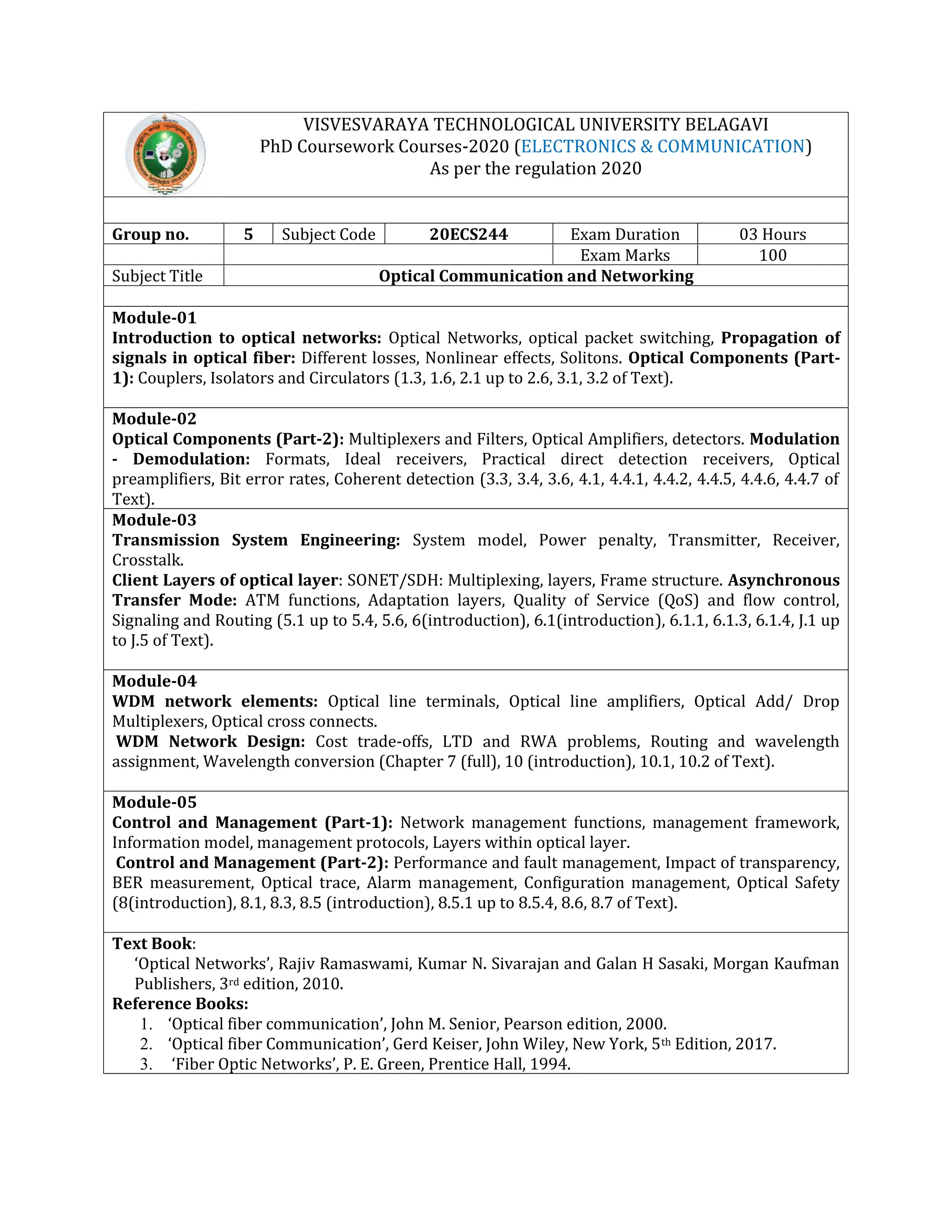 VISVESVARAYA TECHNOLOGICAL UNIVERSITY BELAGAVI
PhD Coursework Courses-2020 (ELECTRONICS & COMMUNICATION)
As per the regulation 2020
Group no. 5 Subject Code 20ECS244 Exam Duration 03 Hours
Exam Marks 100
Subject Title Optical Communication and Networking
Module-01
Introduction to optical networks: Optical Networks, optical packet switching, Propagation of
signals in optical fiber: Different losses, Nonlinear effects, Solitons. Optical Components (Part-
1): Couplers, Isolators and Circulators (1.3, 1.6, 2.1 up to 2.6, 3.1, 3.2 of Text).
Module-02
Optical Components (Part-2): Multiplexers and Filters, Optical Amplifiers, detectors. Modulation
- Demodulation: Formats, Ideal receivers, Practical direct detection receivers, Optical
preamplifiers, Bit error rates, Coherent detection (3.3, 3.4, 3.6, 4.1, 4.4.1, 4.4.2, 4.4.5, 4.4.6, 4.4.7 of
Text).
Module-03
Transmission System Engineering: System model, Power penalty, Transmitter, Receiver,
Crosstalk.
Client Layers of optical layer: SONET/SDH: Multiplexing, layers, Frame structure. Asynchronous
Transfer Mode: ATM functions, Adaptation layers, Quality of Service (QoS) and flow control,
Signaling and Routing (5.1 up to 5.4, 5.6, 6(introduction), 6.1(introduction), 6.1.1, 6.1.3, 6.1.4, J.1 up
to J.5 of Text).
Module-04
WDM network elements: Optical line terminals, Optical line amplifiers, Optical Add/ Drop
Multiplexers, Optical cross connects.
WDM Network Design: Cost trade-offs, LTD and RWA problems, Routing and wavelength
assignment, Wavelength conversion (Chapter 7 (full), 10 (introduction), 10.1, 10.2 of Text).
Module-05
Control and Management (Part-1): Network management functions, management framework,
Information model, management protocols, Layers within optical layer.
Control and Management (Part-2): Performance and fault management, Impact of transparency,
BER measurement, Optical trace, Alarm management, Configuration management, Optical Safety
(8(introduction), 8.1, 8.3, 8.5 (introduction), 8.5.1 up to 8.5.4, 8.6, 8.7 of Text).
Text Book:
‘Optical Networks’, Rajiv Ramaswami, Kumar N. Sivarajan and Galan H Sasaki, Morgan Kaufman
Publishers, 3rd edition, 2010.
Reference Books:
1. ‘Optical fiber communication’, John M. Senior, Pearson edition, 2000.
2. ‘Optical fiber Communication’, Gerd Keiser, John Wiley, New York, 5th Edition, 2017.
3. ‘Fiber Optic Networks’, P. E. Green, Prentice Hall, 1994.
 