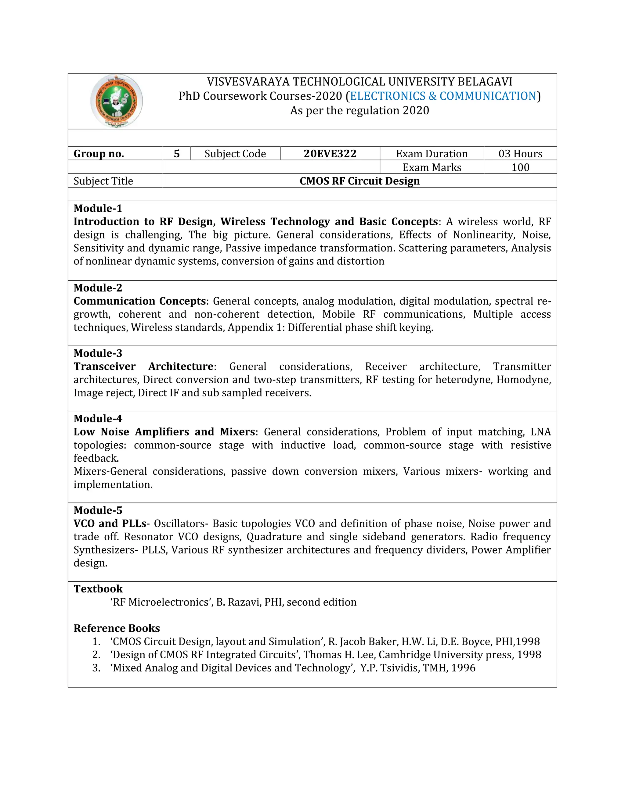 VISVESVARAYA TECHNOLOGICAL UNIVERSITY BELAGAVI
PhD Coursework Courses-2020 (ELECTRONICS & COMMUNICATION)
As per the regulation 2020
Group no. 5 Subject Code 20EVE322 Exam Duration 03 Hours
Exam Marks 100
Subject Title CMOS RF Circuit Design
Module-1
Introduction to RF Design, Wireless Technology and Basic Concepts: A wireless world, RF
design is challenging, The big picture. General considerations, Effects of Nonlinearity, Noise,
Sensitivity and dynamic range, Passive impedance transformation. Scattering parameters, Analysis
of nonlinear dynamic systems, conversion of gains and distortion
Module-2
Communication Concepts: General concepts, analog modulation, digital modulation, spectral re-
growth, coherent and non-coherent detection, Mobile RF communications, Multiple access
techniques, Wireless standards, Appendix 1: Differential phase shift keying.
Module-3
Transceiver Architecture: General considerations, Receiver architecture, Transmitter
architectures, Direct conversion and two-step transmitters, RF testing for heterodyne, Homodyne,
Image reject, Direct IF and sub sampled receivers.
Module-4
Low Noise Amplifiers and Mixers: General considerations, Problem of input matching, LNA
topologies: common-source stage with inductive load, common-source stage with resistive
feedback.
Mixers-General considerations, passive down conversion mixers, Various mixers- working and
implementation.
Module-5
VCO and PLLs- Oscillators- Basic topologies VCO and definition of phase noise, Noise power and
trade off. Resonator VCO designs, Quadrature and single sideband generators. Radio frequency
Synthesizers- PLLS, Various RF synthesizer architectures and frequency dividers, Power Amplifier
design.
Textbook
‘RF Microelectronics’, B. Razavi, PHI, second edition
Reference Books
1. ‘CMOS Circuit Design, layout and Simulation’, R. Jacob Baker, H.W. Li, D.E. Boyce, PHI,1998
2. ‘Design of CMOS RF Integrated Circuits’, Thomas H. Lee, Cambridge University press, 1998
3. ‘Mixed Analog and Digital Devices and Technology’, Y.P. Tsividis, TMH, 1996
 