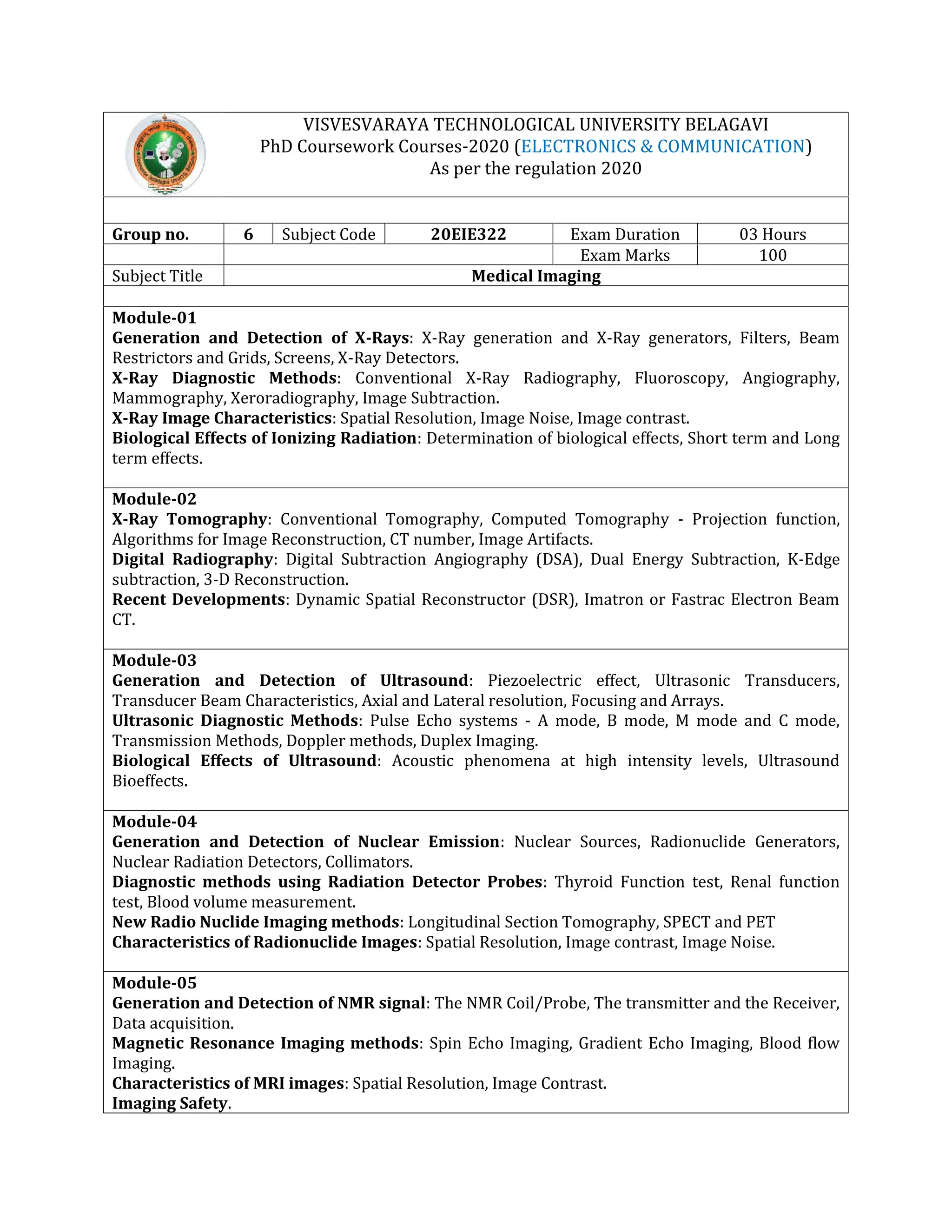 VISVESVARAYA TECHNOLOGICAL UNIVERSITY BELAGAVI
PhD Coursework Courses-2020 (ELECTRONICS & COMMUNICATION)
As per the regulation 2020
Group no. 6 Subject Code 20EIE322 Exam Duration 03 Hours
Exam Marks 100
Subject Title Medical Imaging
Module-01
Generation and Detection of X-Rays: X-Ray generation and X-Ray generators, Filters, Beam
Restrictors and Grids, Screens, X-Ray Detectors.
X-Ray Diagnostic Methods: Conventional X-Ray Radiography, Fluoroscopy, Angiography,
Mammography, Xeroradiography, Image Subtraction.
X-Ray Image Characteristics: Spatial Resolution, Image Noise, Image contrast.
Biological Effects of Ionizing Radiation: Determination of biological effects, Short term and Long
term effects.
Module-02
X-Ray Tomography: Conventional Tomography, Computed Tomography - Projection function,
Algorithms for Image Reconstruction, CT number, Image Artifacts.
Digital Radiography: Digital Subtraction Angiography (DSA), Dual Energy Subtraction, K-Edge
subtraction, 3-D Reconstruction.
Recent Developments: Dynamic Spatial Reconstructor (DSR), Imatron or Fastrac Electron Beam
CT.
Module-03
Generation and Detection of Ultrasound: Piezoelectric effect, Ultrasonic Transducers,
Transducer Beam Characteristics, Axial and Lateral resolution, Focusing and Arrays.
Ultrasonic Diagnostic Methods: Pulse Echo systems - A mode, B mode, M mode and C mode,
Transmission Methods, Doppler methods, Duplex Imaging.
Biological Effects of Ultrasound: Acoustic phenomena at high intensity levels, Ultrasound
Bioeffects.
Module-04
Generation and Detection of Nuclear Emission: Nuclear Sources, Radionuclide Generators,
Nuclear Radiation Detectors, Collimators.
Diagnostic methods using Radiation Detector Probes: Thyroid Function test, Renal function
test, Blood volume measurement.
New Radio Nuclide Imaging methods: Longitudinal Section Tomography, SPECT and PET
Characteristics of Radionuclide Images: Spatial Resolution, Image contrast, Image Noise.
Module-05
Generation and Detection of NMR signal: The NMR Coil/Probe, The transmitter and the Receiver,
Data acquisition.
Magnetic Resonance Imaging methods: Spin Echo Imaging, Gradient Echo Imaging, Blood flow
Imaging.
Characteristics of MRI images: Spatial Resolution, Image Contrast.
Imaging Safety.
 