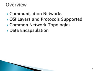  Communication Networks
 OSI Layers and Protocols Supported
 Common Network Topologies
 Data Encapsulation
2
 
