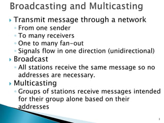  Transmit message through a network
◦ From one sender
◦ To many receivers
◦ One to many fan-out
◦ Signals flow in one direction (unidirectional)
 Broadcast
◦ All stations receive the same message so no
addresses are necessary.
 Multicasting
◦ Groups of stations receive messages intended
for their group alone based on their
addresses
3
 