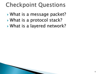  What is a message packet?
 What is a protocol stack?
 What is a layered network?
8
 