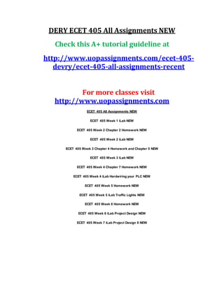 DERY ECET 405 All Assignments NEW
Check this A+ tutorial guideline at
http://www.uopassignments.com/ecet-405-
devry/ecet-405-all-assignments-recent
For more classes visit
http://www.uopassignments.com
ECET 405 All Assignments NEW
ECET 405 Week 1 iLab NEW
ECET 405 Week 2 Chapter 2 Homework NEW
ECET 405 Week 2 iLab NEW
ECET 405 Week 3 Chapter 4 Homework and Chapter 5 NEW
ECET 405 Week 3 iLab NEW
ECET 405 Week 4 Chapter 7 Homework NEW
ECET 405 Week 4 iLab Hardwiring your PLC NEW
ECET 405 Week 5 Homework NEW
ECET 405 Week 5 iLab Traffic Lights NEW
ECET 405 Week 6 Homework NEW
ECET 405 Week 6 iLab Project Design NEW
ECET 405 Week 7 iLab Project Design II NEW
 