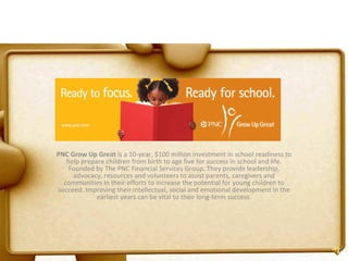 PNC Grow Up Great  is a 10-year, $100 million investment in school readiness to help prepare children from birth to age five for success in school and life. Founded by The PNC Financial Services Group. They provide leadership, advocacy, resources and volunteers to assist parents, caregivers and communities in their efforts to increase the potential for young children to succeed. Improving their intellectual, social and emotional development in the earliest years can be vital to their long-term success. 