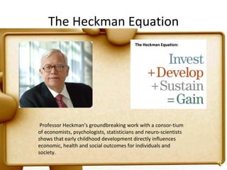 The Heckman Equation   Professor Heckman’s groundbreaking work with a consor­tium of economists, psychologists, statisticians and neuro­scientists shows that early childhood development directly influences economic, health and social outcomes for individuals and society.  