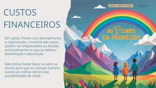 CUSTOS
FINANCEIROS
ECF gasta. Porém com planejamento
e organização, a maioria das coisas
podem ser emprestadas ou doadas,
principalmente no que se refere a
alimentação e decoração.
Não tenha medo! Deus vai abrir as
portas para que as crianças tenham
acesso ao melhor dentro das
possibilidades de vocês
 