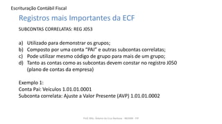 Escrituração Contábil Fiscal
Prof. MSc. Ádamo da Cruz Barbosa - INOVAR - FIP
Registros mais Importantes da ECF
SUBCONTAS CORRELATAS: REG J053
a) Utilizado para demonstrar os grupos;
b) Composto por uma conta “PAI” e outras subcontas correlatas;
c) Pode utilizar mesmo código de grupo para mais de um grupo;
d) Tanto as contas como as subcontas devem constar no registro J050
(plano de contas da empresa)
Exemplo 1:
Conta Pai: Veículos 1.01.01.0001
Subconta correlata: Ajuste a Valor Presente (AVP) 1.01.01.0002
 