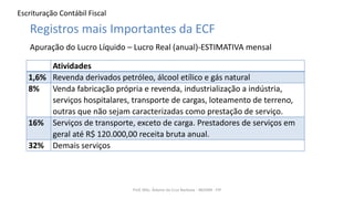 Escrituração Contábil Fiscal
Prof. MSc. Ádamo da Cruz Barbosa - INOVAR - FIP
Registros mais Importantes da ECF
Apuração do Lucro Líquido – Lucro Real (anual)-ESTIMATIVA mensal
Atividades
1,6% Revenda derivados petróleo, álcool etílico e gás natural
8% Venda fabricação própria e revenda, industrialização a indústria,
serviços hospitalares, transporte de cargas, loteamento de terreno,
outras que não sejam caracterizadas como prestação de serviço.
16% Serviços de transporte, exceto de carga. Prestadores de serviços em
geral até R$ 120.000,00 receita bruta anual.
32% Demais serviços
 