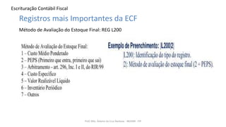 Escrituração Contábil Fiscal
Prof. MSc. Ádamo da Cruz Barbosa - INOVAR - FIP
Registros mais Importantes da ECF
Método de Avaliação do Estoque Final: REG L200
 