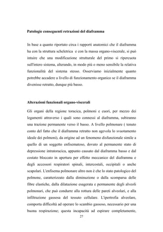 27
Patologie conseguenti retrazioni del diaframma
In base a quanto riportato circa i rapporti anatomici che il diaframma
ha con la struttura scheletrica e con la massa organo-viscerale, si può
intuire che una modificazione strutturale del primo si ripercuota
sull'intero sistema, alterando, in modo più o meno sensibile la relativa
funzionalità del sistema stesso. Osserviamo inizialmente quanto
potrebbe accadere a livello di funzionamento organico se il diaframma
divenisse retratto, dunque più basso.
Alterazioni funzionali organo-viscerali
Gli organi della regione toracica, polmoni e cuori, per mezzo dei
legamenti attraverso i quali sono connessi al diaframma, subiranno
una trazione permanente verso il basso. A livello polmonare ( tenuto
conto del fatto che il diaframma retratto non agevola lo svuotamento
ideale dei polmoni), da origine ad un fenomeno disfunzionale simile a
quello di un soggetto enfisematoso, dovuto al permanente stato di
depressione intratoracica, appunto causato dal diaframma basso e dal
costato bloccato in apertura per effetto meccanico del diaframma e
degli accessori respiratori spinali, intercostali, occipitali o anche
scapolari. L'enfisema polmonare altro non è che lo stato patologico del
polmone, caratterizzato dalla diminuzione o dalla scomparsa delle
fibre elastiche, dalla dilatazione esagerata e permanente degli alveoli
polmonari, che può condurre alla rottura delle pareti alveolari, e alla
infiltrazione gassosa del tessuto cellulare. L'ipertrofia alveolare,
comporta difficoltà ad operare lo scambio gassoso, necessario per una
buona respirazione; questa incapacità ad espirare completamente,
 