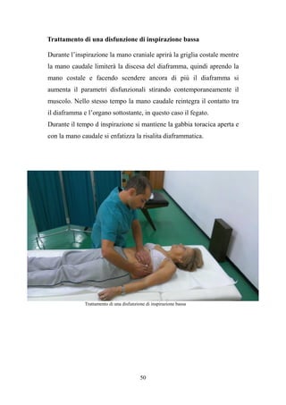 50
Trattamento di una disfunzione di inspirazione bassa
Durante l’inspirazione la mano craniale aprirà la griglia costale mentre
la mano caudale limiterà la discesa del diaframma, quindi aprendo la
mano costale e facendo scendere ancora di più il diaframma si
aumenta il parametri disfunzionali stirando contemporaneamente il
muscolo. Nello stesso tempo la mano caudale reintegra il contatto tra
il diaframma e l’organo sottostante, in questo caso il fegato.
Durante il tempo d inspirazione si mantiene la gabbia toracica aperta e
con la mano caudale si enfatizza la risalita diaframmatica.
Trattamento di una disfunzione di inspirazione bassa
 
