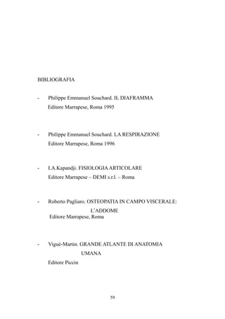 59
BIBLIOGRAFIA
- Philippe Emmanuel Souchard. IL DIAFRAMMA
Editore Marrapese, Roma 1995
- Philippe Emmanuel Souchard. LA RESPIRAZIONE
Editore Marrapese, Roma 1996
- I.A.Kapandji. FISIOLOGIAARTICOLARE
Editore Marrapese – DEMI s.r.l. – Roma
- Roberto Pagliaro. OSTEOPATIA IN CAMPO VISCERALE:
L’ADDOME
Editore Marrapese, Roma
- Viguè-Martin. GRANDE ATLANTE DI ANATOMIA
UMANA
Editore Piccin
 