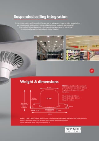 17
Suspended ceiling integration
SUSPENDED
s e r i e s
Weight & dimensions
Note: Standard Series fan nozzles will
lengths depending upon the model.
See below:
Model 10 (Short) = 120mm
Model 10, 15 & 25 = 222mm
Model 45 = 219mm
Weight = 3.6kgs (*4kgs) | Ceiling Height = 2.5m - 15m |
| )
Min ceiling
void required
400mm
(*460mm)
267mm
(*335mm)
413mm
600mm
600mm
57mm
1717
DOME
FACE PLATE
*Applies to Model 45 (8.5m - 16m) Suspended Series Kit
To accommodate the Suspended Series and to allow working space for installation
we recommend a minimum ceiling void of 400mm (460mm for Model 45
Suspended Series), however customers have been able to install the
Suspended Series into a void as little as 300mm.
 