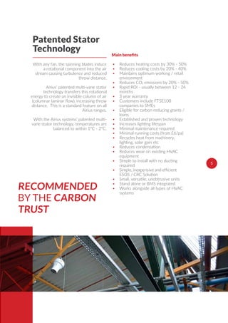 Patented Stator
Technology
RECOMMENDED
BY THE CARBON
TRUST
• Reduces heating costs by 30% - 50%
• Reduces cooling costs by 20% - 40%
• Maintains optimum working / retail
environment
• Reduces CO2 emissions by 20% - 50%
• Rapid ROI - usually between 12 - 24
months
• 3 year warranty
• Customers include FTSE100
companies to SMEs
• Eligible for carbon reducing grants /
loans
• Established and proven technology
• Increases lighting lifespan
• Minimal maintenance required
• Minimal running costs (from £6/pa)
• Recycles heat from machinery,
lighting, solar gain etc
• Reduces condensation
• Reduces wear on existing HVAC
equipment
• Simple to install with no ducting
required
•
ESOS / CRC Solution
• Small, versatile, unobtrusive units
• Stand alone or BMS integrated
• Works alongside all types of HVAC
systems
55
With any fan, the spinning blades induce
a rotational component into the air
stream causing turbulence and reduced
throw distance.
Airius’ patented multi-vane stator
technology transfers this rotational
energy to create an invisible column of air
(columnar laminar ﬂow), increasing throw
distance. This is a standard feature on all
Airius ranges.
With the Airius systems’ patented multi-
vane stator technology, temperatures are
balanced to within 1°C - 2°C.
 