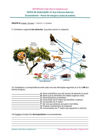 NETXPLICA | http://forum.netxplica.com
TESTE DE AVALIAÇÃO | 8º Ano Ciências Naturais
Ecossistemas – fluxos de energia e ciclos de matéria
_____________________________________________________________________________________________
Netxplica | http://forum.netxplica.com Teste cotado para 100 pontos | Página 3 de 5
GRUPO III (Cotação = 25 pontos: 1.1- 8x2=16 + 1.2- 9 pontos)
1. Considera a seguinte teia alimentar, que pode ocorrer no chaparral.
1.1. Estabelece a correspondência entre cada uma das afirmações seguintes (A a H) e UM dos
termos da figura.
____________________________ A- Seres autotróficos que não servem de alimento ao javali.
____________________________ B- Seres que se alimentam de matéria orgânica morta.
____________________________ C- Decompositores unicelulares.
____________________________ D- Consumidor de 2ª ordem que beneficia o sobreiro.
____________________________ E- Consumidor de 3ª ordem.
____________________________ F- Ser vivo que pertence ao quarto nível trófico.
____________________________ G- Produtor característico do chaparral.
____________________________ H- Consumidores de 1ª ordem que prejudicam o sobreiro.
1.2. Explica a função dos decompositores nos ecossistemas.
____________________________________________________________________________
____________________________________________________________________________
____________________________________________________________________________
____________________________________________________________________________
____________________________________________________________________________
Parasitas
 