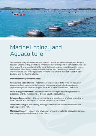 Marine Ecology and
Aquaculture
Our marine ecological research spans coastal, benthic and deep-sea systems. Projects
focus on understanding the natural system and also the impacts of perturbation. We also
have strength in understanding the contribution of science to sustainability issues
in fisheries, identifying under-utilised fisheries, and developing novel solutions
in aquaculture. Our overall goal is to promote sustainable marine harvest in New
Zealand and the Pacific Islands.
Staff research expertise includes:
Aquaculture and Fisheries – hatcheries, behavioural and life cycle studies, and
assessments of environmental impacts from aquaculture; stock assessment,
population dynamics and ecology of fisheries in New Zealand and the Pacific.
Aquatic Biogeochemistry – how environmental change affects biogeochemical
processes and the functioning of diverse aquatic ecosystems.
Cetacean Conservation – the environmental and social costs of whale stranding in
New Zealand, and the impact of marine tourism on cetaceans.
Deep-Sea Ecology – biodiversity, ecology and trophic relationships in deep-sea
cephalopods and fish.
Mangrove Ecology – ecology and physiology of mangrove plants, ecosystem services
and mangrove interactions with other biota.
 
