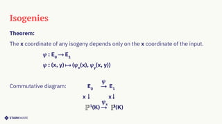 Isogenies
Theorem:
The x coordinate of any isogeny depends only on the x coordinate of the input.
𝜓 : E0
⟶ E1
𝜓 : (x, y) ⟼ (𝜓x
(x), 𝜓y
(x, y))
Commutative diagram: E0
⟶ E1
￬ ￬
1
(K) ⟶ 1
(K)
𝜓
𝜓x
x x
 