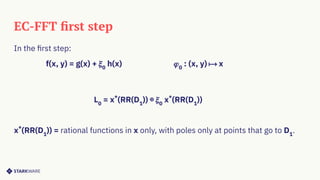 EC-FFT ﬁrst step
In the ﬁrst step:
f(x, y) = g(x) + 𝜉0
h(x) 𝜑0
: (x, y) ⟼ x
L0
= x*
(RR(D1
)) ⊕ 𝜉0
x*
(RR(D1
))
x*
(RR(D1
)) = rational functions in x only, with poles only at points that go to D1
.
 