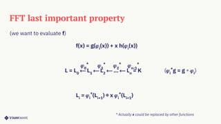 FFT last important property
(we want to evaluate f)
f(x) = g(𝜑i
(x)) + x h(𝜑i
(x))
L = L0
⟵ L1
⟵ L2
⟵ … ⟵ Ln
= K (𝜑i
*
g = g ∘ 𝜑i
)
Li
= 𝜑i
*
(Li+1
) ⊕ x 𝜑i
*
(Li+1
)
𝜑0
*
𝜑1
*
𝜑2
*
𝜑n-1
*
* Actually x could be replaced by other functions
 