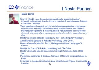 I Nostri Partner
 Mauro Cerruti

50 anni, oltre 25 anni di esperienza maturata nella gestione di societa’
 industriali multinazionali dove ha ricoperto posizioni di Amministratore Delegato
 e Direzione Generale.
Vanta esperienze di riorganizzazione e ristrutturazione aziendale, competenze
 di governance e consigli di Amministrazione, preparazione ed esecuzione di
 Business plan e gestione di Piani industriali di ristrutturazione con esperienze
 di accordi internazionali per outsourcing, cessione know how ed apertura JV in
 Cina.
Direttore Generale in Boston Tapes (2010-2011) come temporary manager .
Amministratore Delegato di Webasto Product Italy. (2007-2010).
Direttore Generale della BU “Truck , Railway and Industry “ nel gruppo Cf
 Gomma.
Membro del CdA di CF-Fukoku Luxembourg e di CFA China.
Direttore Generale della Divisione Interior di Delphi Automotive Italia. (1999-
 2001)
Proviene da esperienze di Direzione Tecnica in Cf Gomma e di progettazione in
 Pirelli.
E’ laureato in Ingegneria meccanica, parla correntemente l’inglese e un discreto
 francese.                          12
 