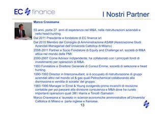 I Nostri Partner
Marco Cravesana

55 anni, porta 27 anni di esperienza nel M&A, nelle ristrutturazioni aziendali e
 nello head-hunting.
Dal 2011 Presidente e fondatore di EC finance srl.
Dal 2010 Membro del Consiglio di Amministrazione ASAM (Associazione Studi
 Aziendali Manageriali dell’Università Cattolica di Milano)
2008-2011 Partner e Socio Fondatore di Equity and Challenge srl, società di M&A
 attiva nel mondo delle PMI.
2000-2007 Come Advisor indipendente, ha collaborato con i principali fondi di
 investimento per operazioni di M&A.
1993 Fondatore e Direttore Generale di Consul Emme, società di selezione e head
 hunting.
1990-1993 Director in Interconsultant, si è occupato di ristrutturazione di gruppi
 aziendali attivi nel mondo oil & gas quali Petrochemical collaborando alla
 dismissione e vendita di societa’ del gruppo.
1983-1990 Manager in Ernst & Young svolgendo prima incarichi di revisione
 contabile per poi passare alla divisione consulenza e M&A dove ha curato
 importanti operazioni quali 3M / Harris e Tonolli /Sameton.
Marco Cravesana e’ laureato in scienze economiche amministrative all’Universita’
 Cattolica di Milano e parla inglese e francese.
                                 13
 