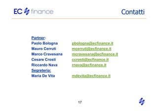 Contatti


Partner:
Paolo Bologna     pbologna@ecfinance.it
Mauro Cerruti     mcerruti@ecfinance.it
Marco Cravesana   mcravesana@ecfinance.it
Cesare Crosti     ccrosti@ecfinance.it
Riccardo Nava     rnava@ecfinance.it
Segreteria:
Maria De Vita     mdevita@ecfinance.it




                     17
 