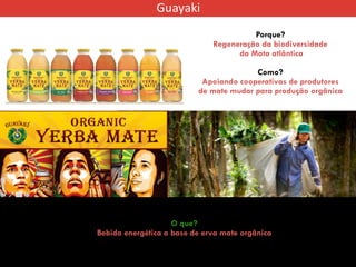 Porque?
Regeneração da biodiversidade
da Mata atlântica
Como?
Apoiando cooperativas de produtores
de mate mudar para produção orgânica
O que?
Bebida energética a base de erva mate orgânica
 