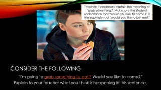 CONSIDER THE FOLLOWING
“I'm going to grab something to eat!* Would you like to come?”
Explain to your teacher what you think is happening in this sentence.
Teacher: If necessary explain the meaning of
"grab something." Make sure the student
understands that "would you like to come?" is
the equivalent of "would you like to join me?"
 