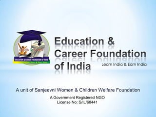 A unit of Sanjeevni Women & Children Welfare Foundation
Learn India & Earn India
A Government Registered NGO
License No: S/IL/68441
 