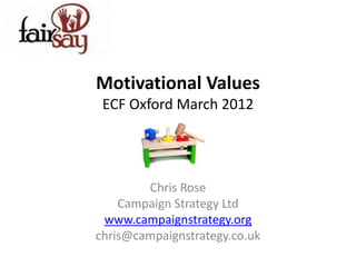 Motivational Values
 ECF Oxford March 2012




        Chris Rose
    Campaign Strategy Ltd
 www.campaignstrategy.org
chris@campaignstrategy.co.uk
 