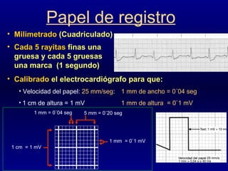 Papel de registro Milimetrado  (Cuadriculado) Cada 5 rayitas  finas una  gruesa y cada 5 gruesas  una marca  (1 segundo) Calibrado  el electrocardiógrafo para que: Velocidad del papel:  25 mm/seg :  1 mm de ancho = 0´04 seg 1 cm de altura = 1 mV 1 mm de altura  = 0`1 mV 1 mm = 0´04 seg 5 mm = 0´20 seg 1 mm  = 0`1 mV 1 cm  = 1 mV 