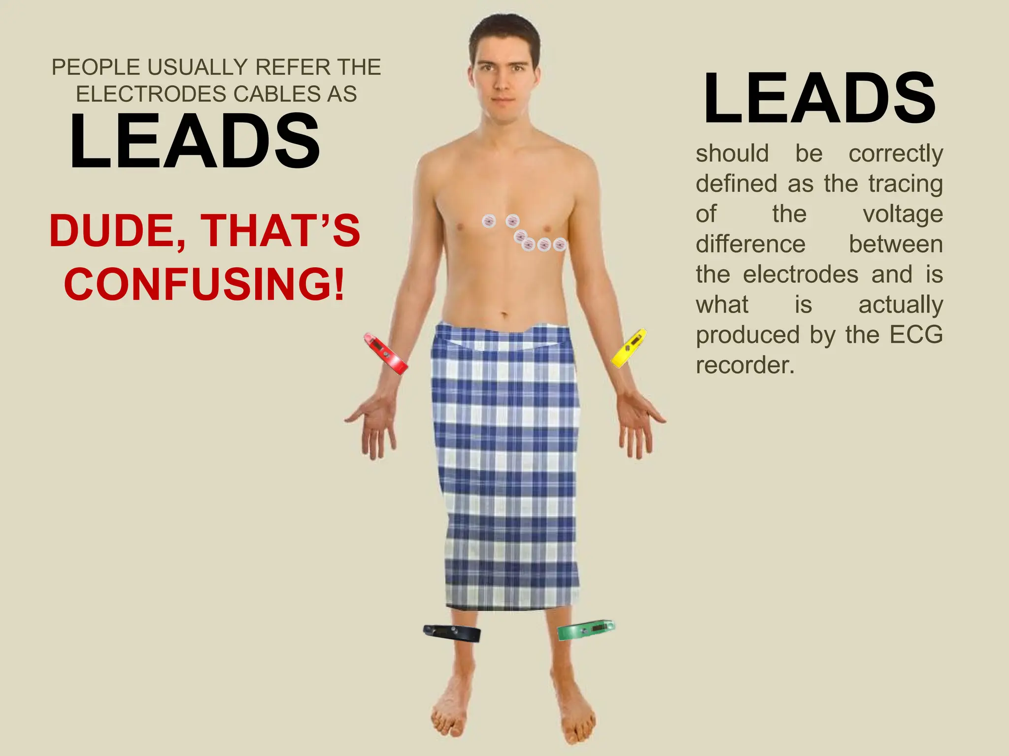 PEOPLE USUALLY REFER THE
ELECTRODES CABLES AS
DUDE, THAT’S
CONFUSING!
LEADS
should be correctly
defined as the tracing
of the voltage
difference between
the electrodes and is
what is actually
produced by the ECG
recorder.
LEADS
 