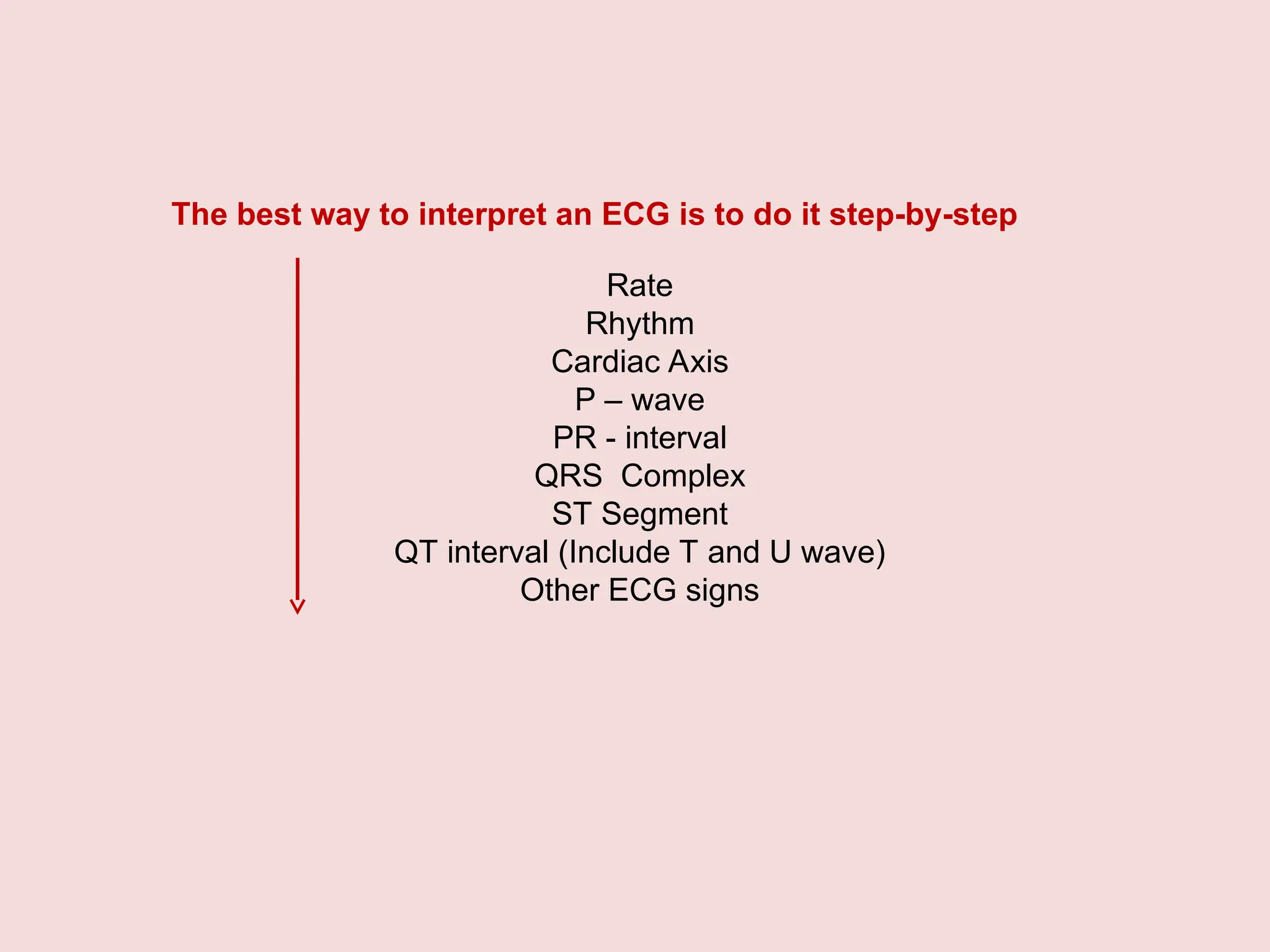 Rate
Rhythm
Cardiac Axis
P – wave
PR - interval
QRS Complex
ST Segment
QT interval (Include T and U wave)
Other ECG signs
The best way to interpret an ECG is to do it step-by-step
 