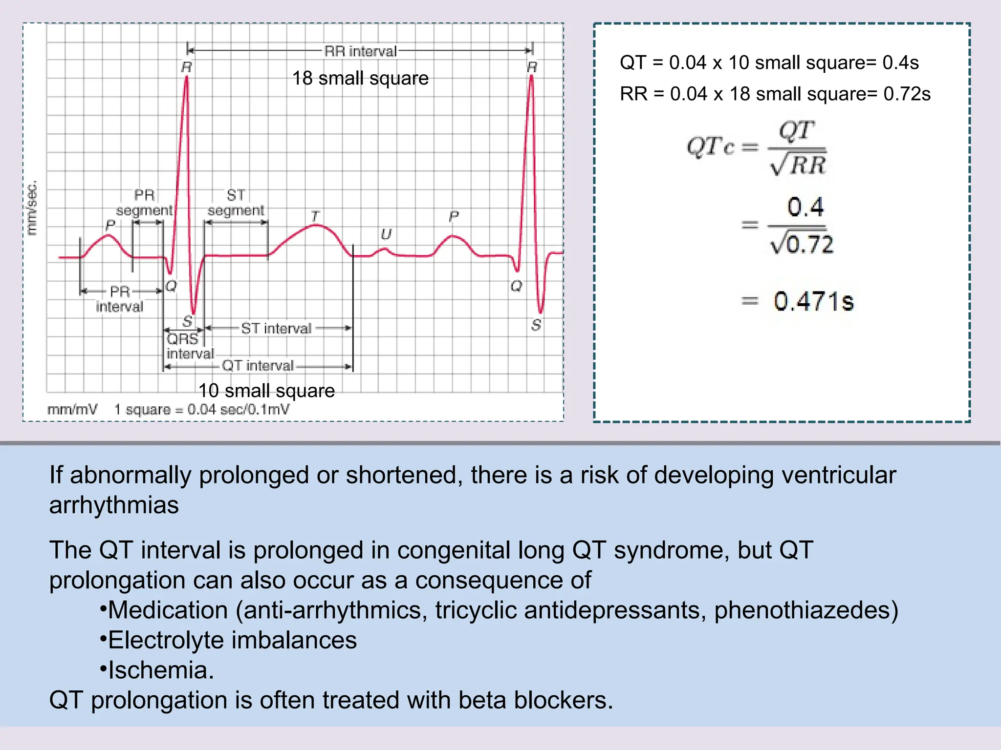 If abnormally prolonged or shortened, there is a risk of developing ventricular
arrhythmias
The QT interval is prolonged in congenital long QT syndrome, but QT
prolongation can also occur as a consequence of
•Medication (anti-arrhythmics, tricyclic antidepressants, phenothiazedes)
•Electrolyte imbalances
•Ischemia.
QT prolongation is often treated with beta blockers.
QT = 0.04 x 10 small square= 0.4s
RR = 0.04 x 18 small square= 0.72s
18 small square
10 small square
 