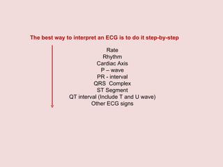 Rate Rhythm Cardiac Axis P – wave PR - interval QRS  Complex ST Segment QT interval (Include T and U wave) Other ECG signs The best way to interpret an ECG is to do it step-by-step 