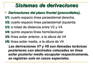 Sistemas de derivaciones
 Derivaciones del plano frontal (precordiales).
V1: cuarto espacio línea paraesternal derecha.
V2: cuarto espacio línea paraesternal izquierda.
V3: a mitad de distancia entre V2 y V4
V4: quinto espacio línea hemiclavicular
V5: línea axilar anterior, a la altura de V4
V6: línea axilar media, a la altura de V4
  Las derivaciones V7 y V8 son llamadas torácicas
  posteriores con electrodos colocados en línea
  axilar posterior medio escapular respectivamente,
  se registran solo en casos especiales.
 