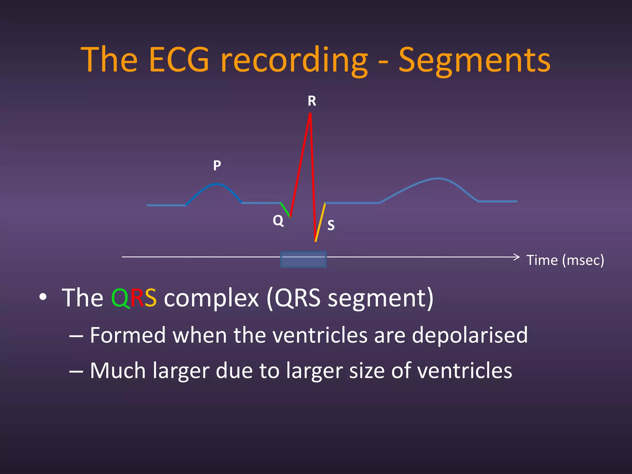 The ECG recording - Segments
                          R



                P


                      Q       S

                                               Time (msec)

• The QRS complex (QRS segment)
  – Formed when the ventricles are depolarised
  – Much larger due to larger size of ventricles
 